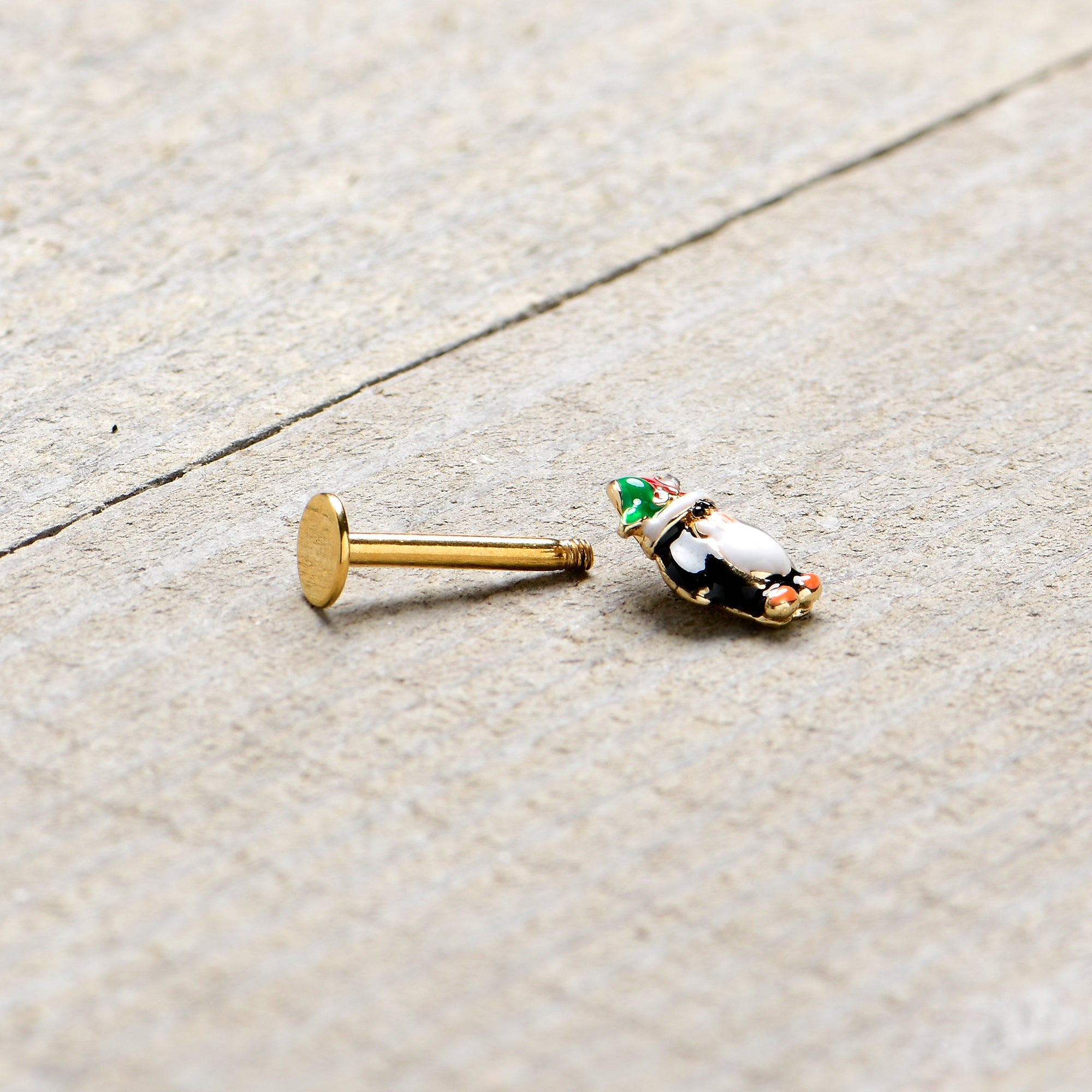 16G 5/16 Gold Tone Holly Hat Penguin Holiday Labret Monroe Tragus