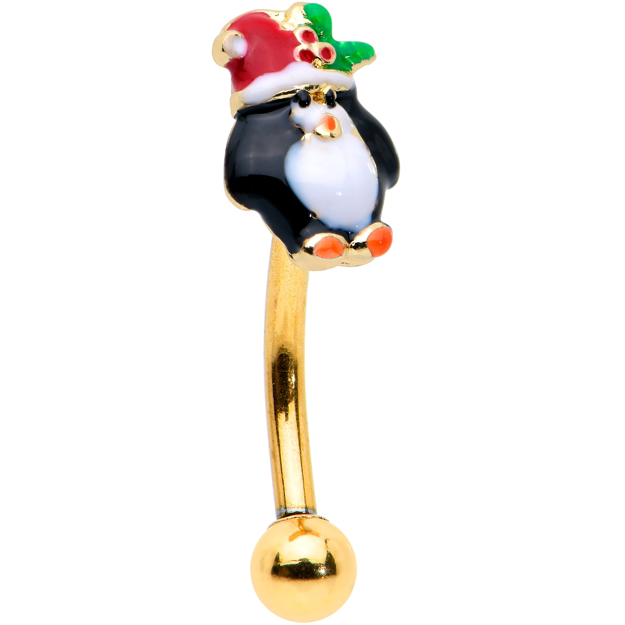 16G 5/16 Gold Tone Holly Hat Penguin Holiday Curved Eyebrow Ring
