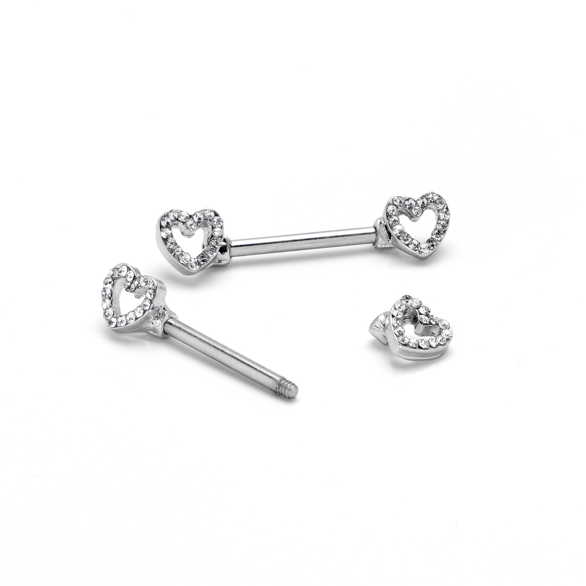 14 Gauge 9/16 Clear Gem Open Heart Valentine Barbell Nipple Ring Set