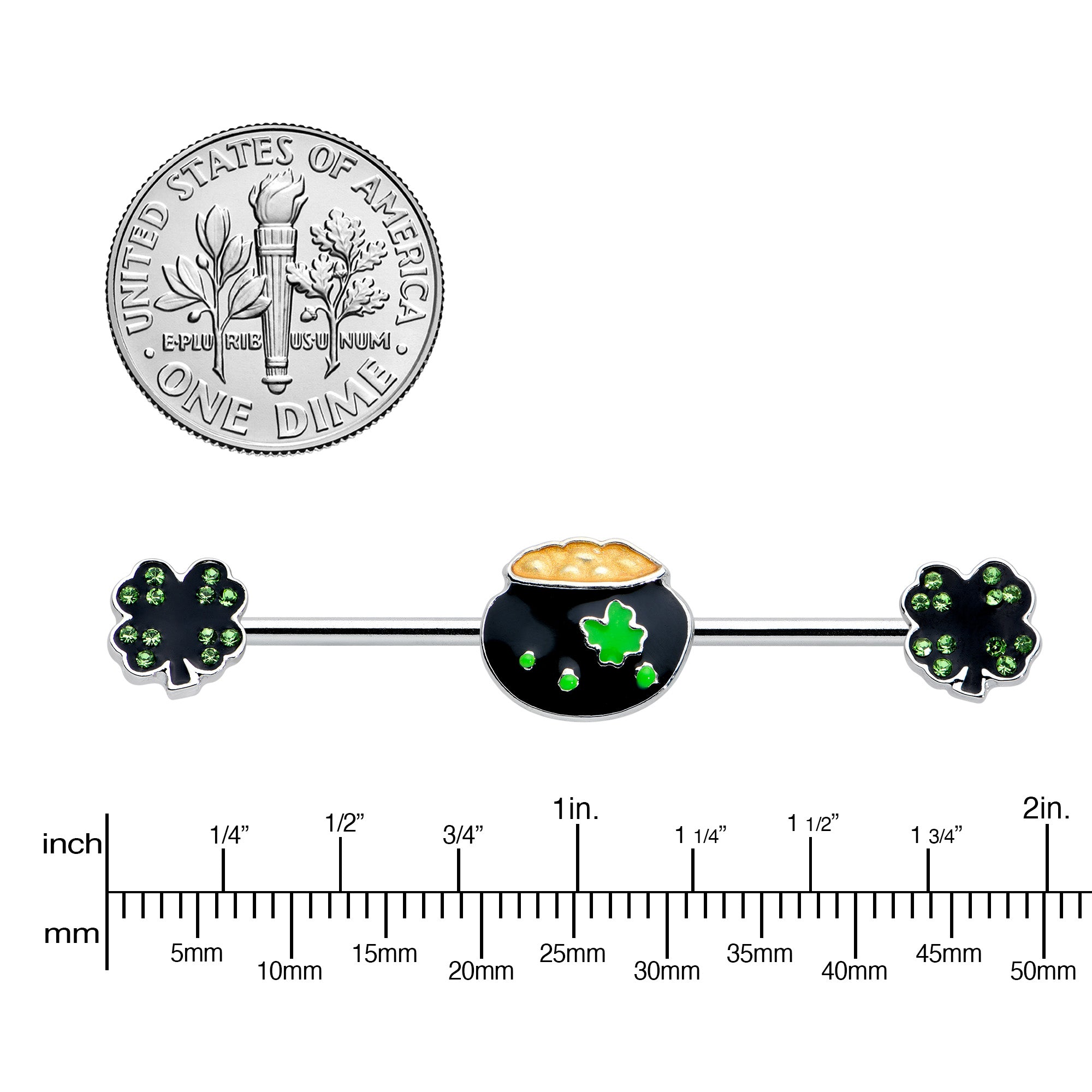 14G Green Gem Shamrock Pot of Gold Industrial Barbell 38mm