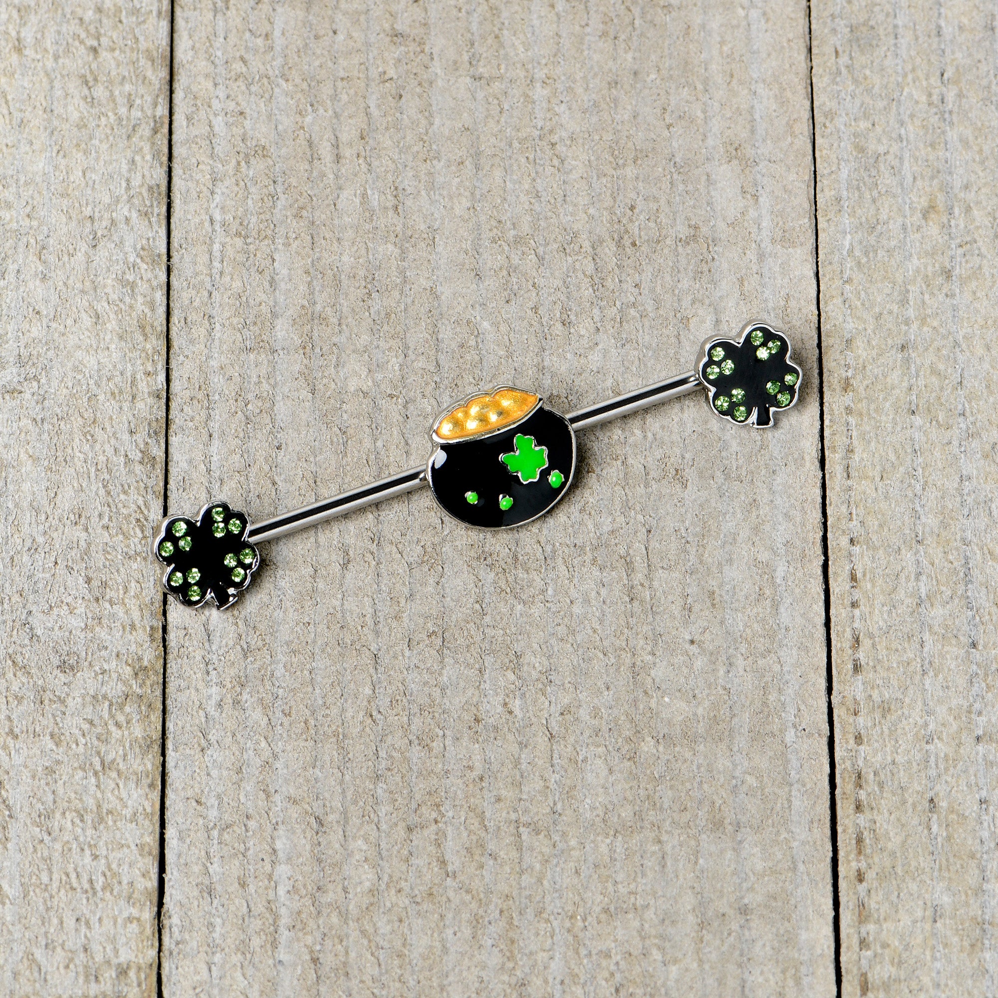 14G Green Gem Shamrock Pot of Gold Industrial Barbell 38mm