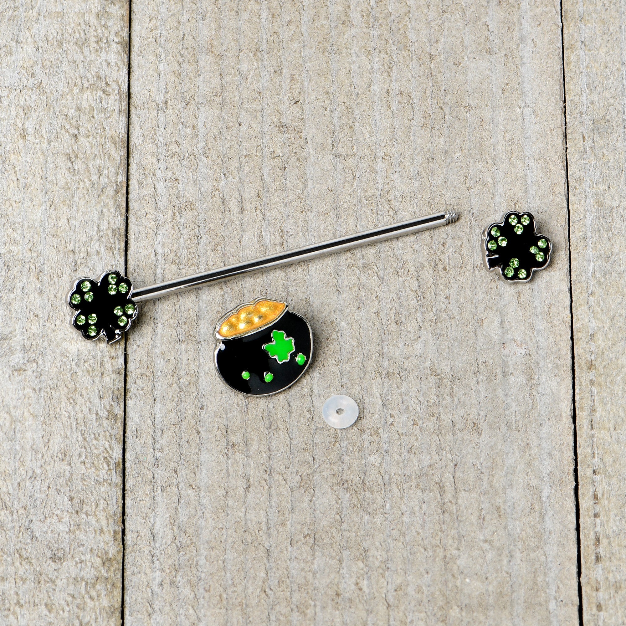14G Green Gem Shamrock Pot of Gold Industrial Barbell 38mm
