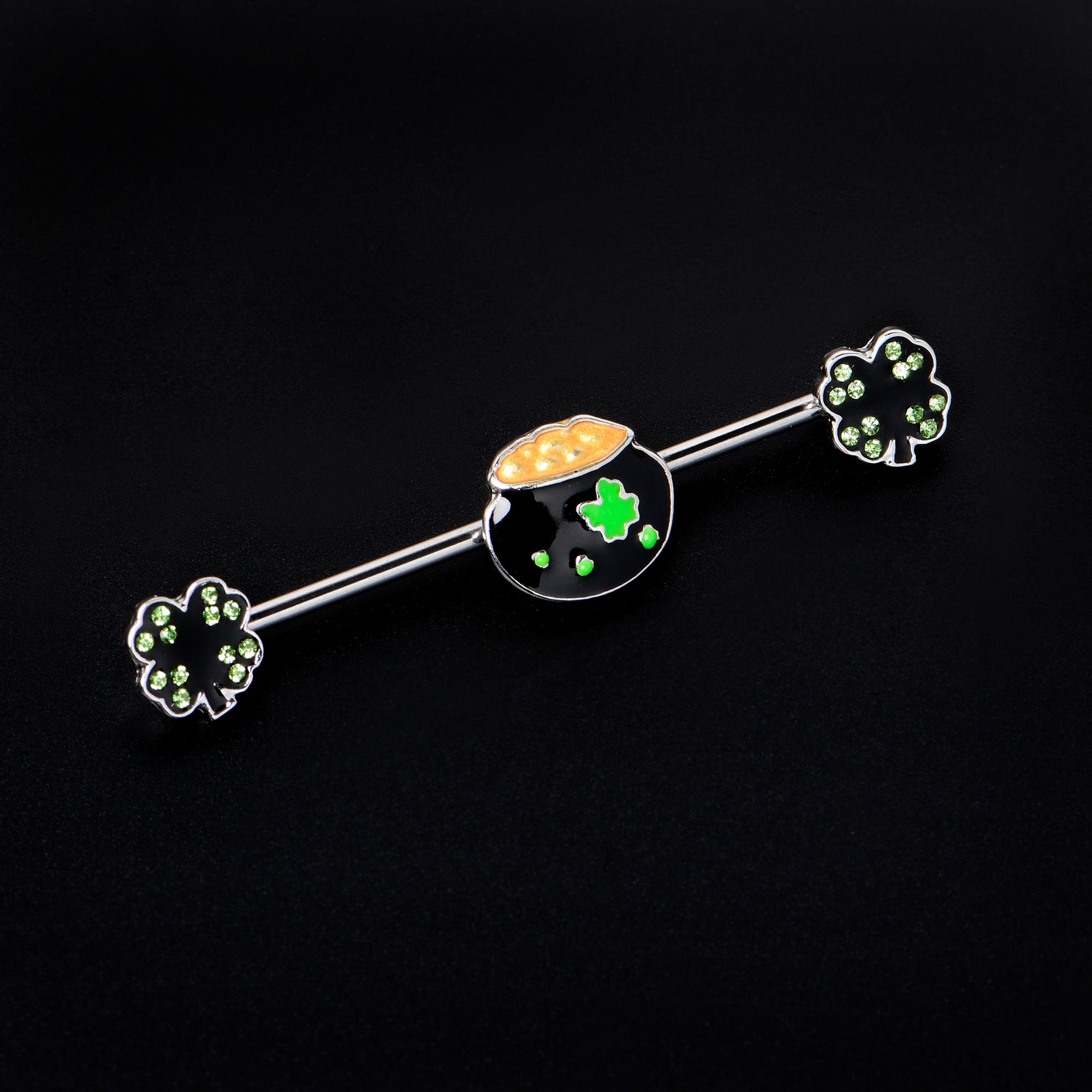 14G Green Gem Shamrock Pot of Gold Industrial Barbell 38mm