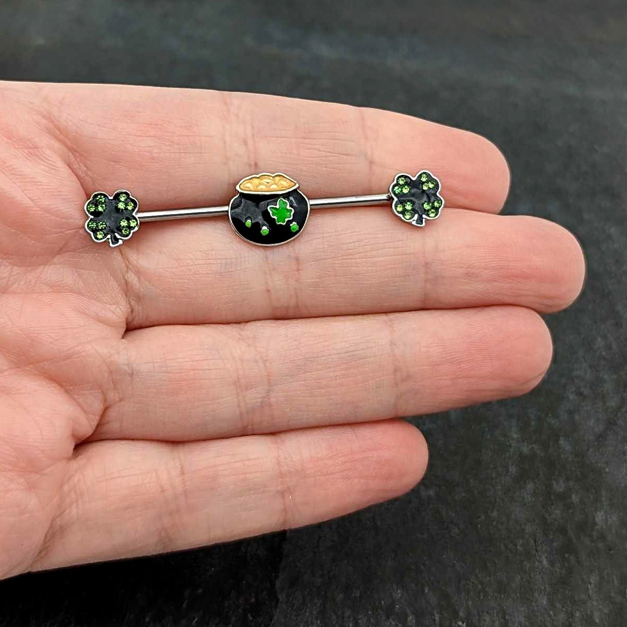 14G Green Gem Shamrock Pot of Gold Industrial Barbell 38mm