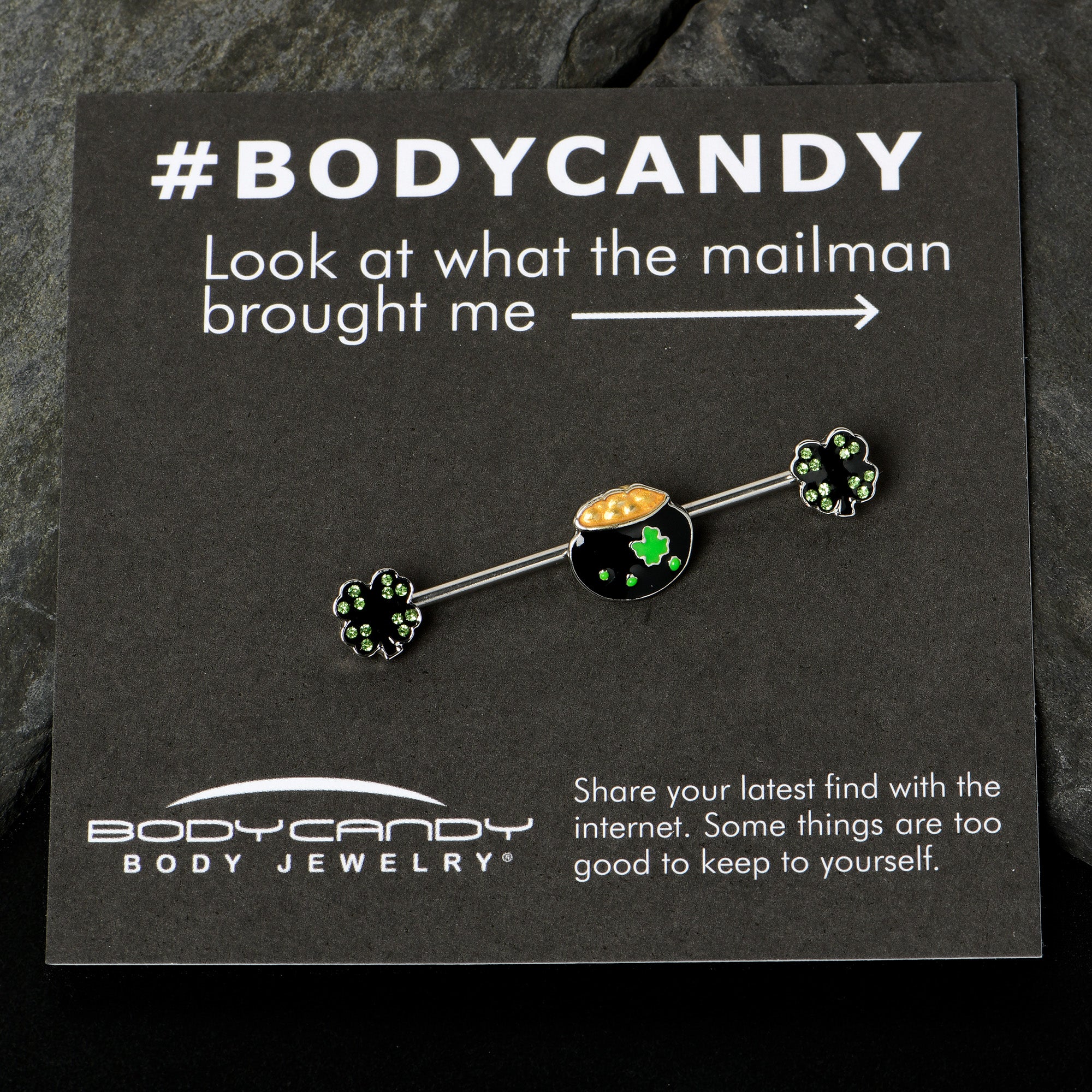 14G Green Gem Shamrock Pot of Gold Industrial Barbell 38mm