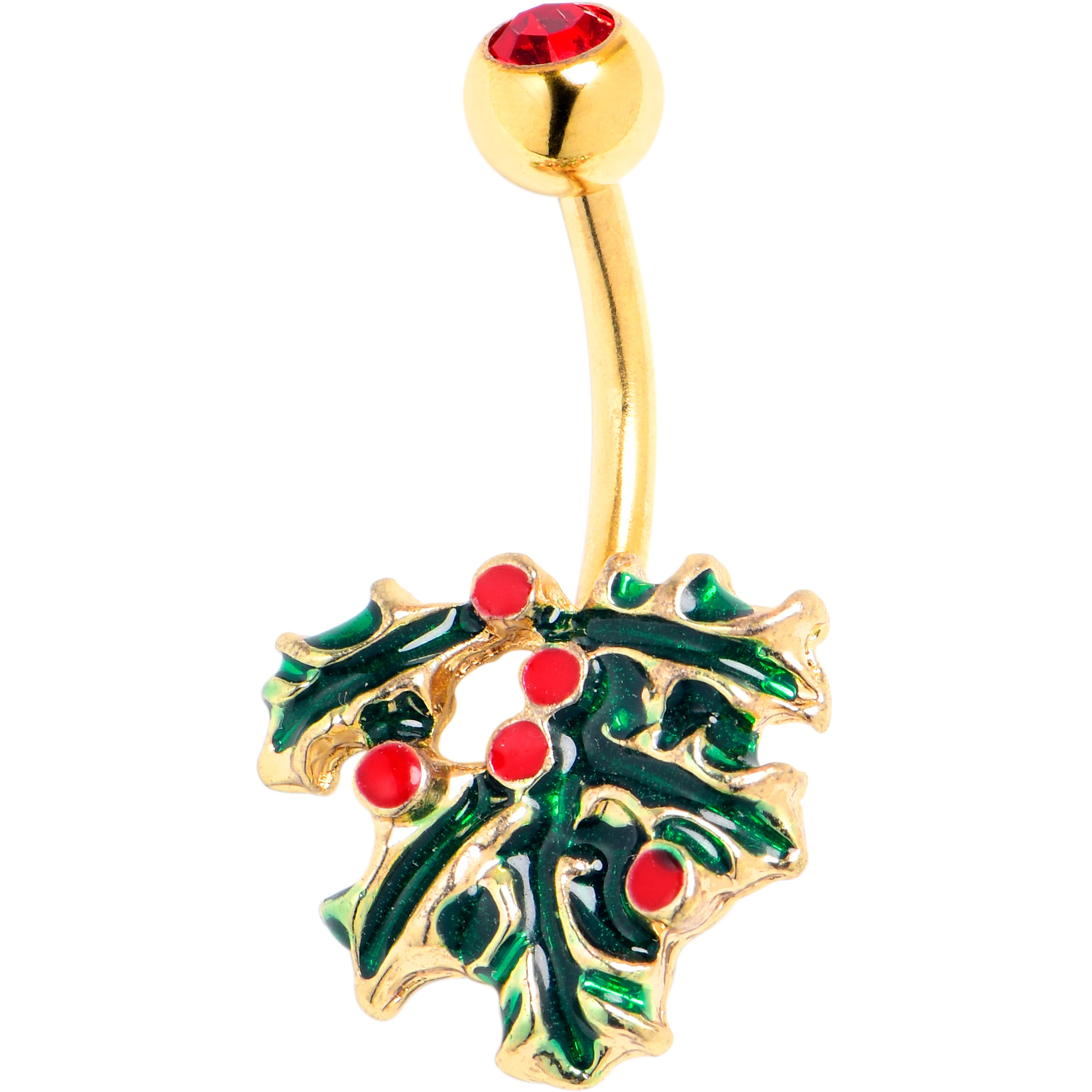 Red Gem Gold Tone Festive Holly Sprig Christmas Belly Ring