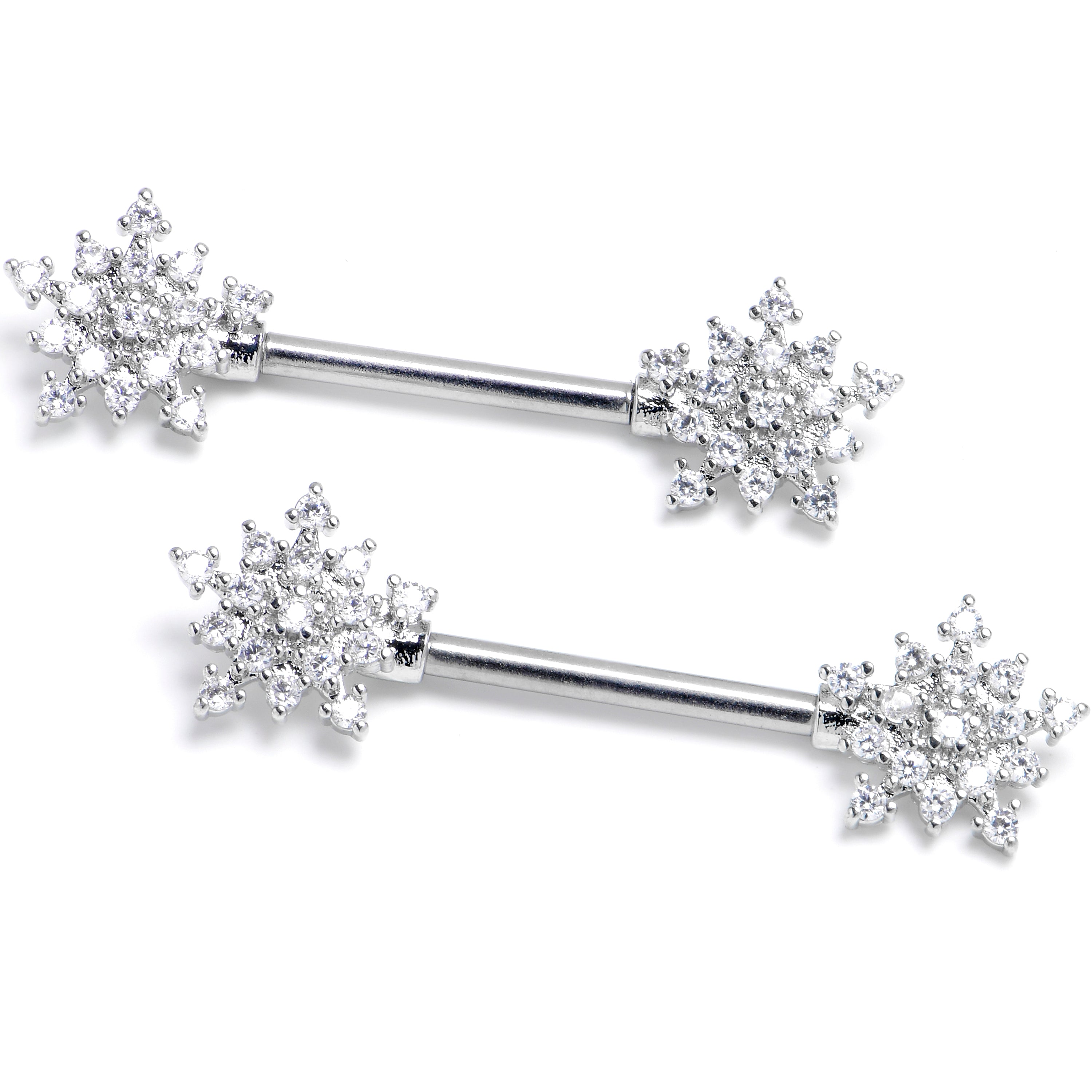 14 Gauge 9/16 Clear Gem Classic Snowflake Barbell Nipple Ring Set