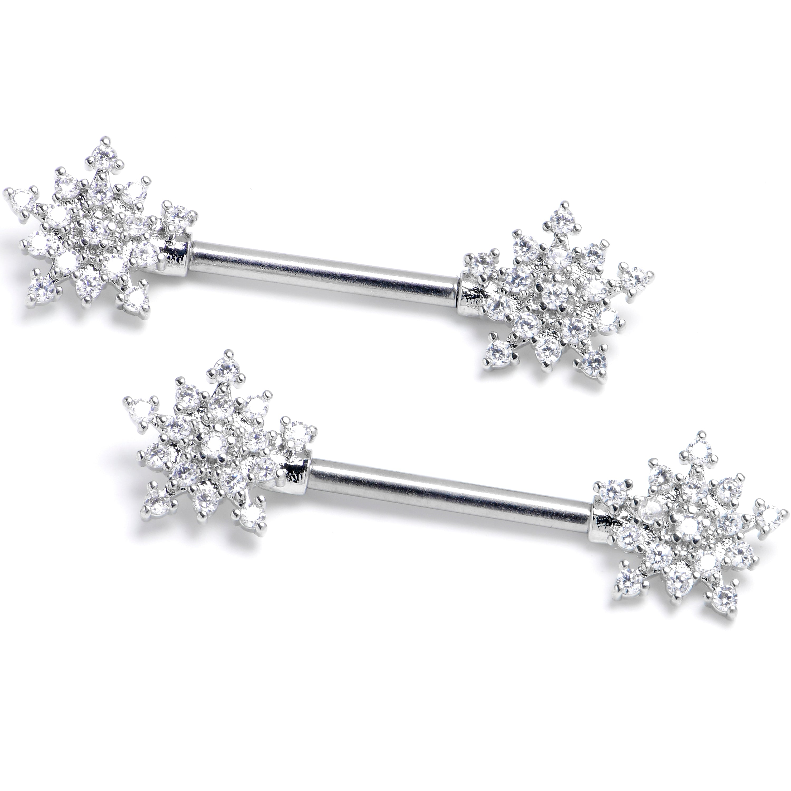 14G 9/16 Clear Gem Classic Snowflake Barbell Nipple Ring Set