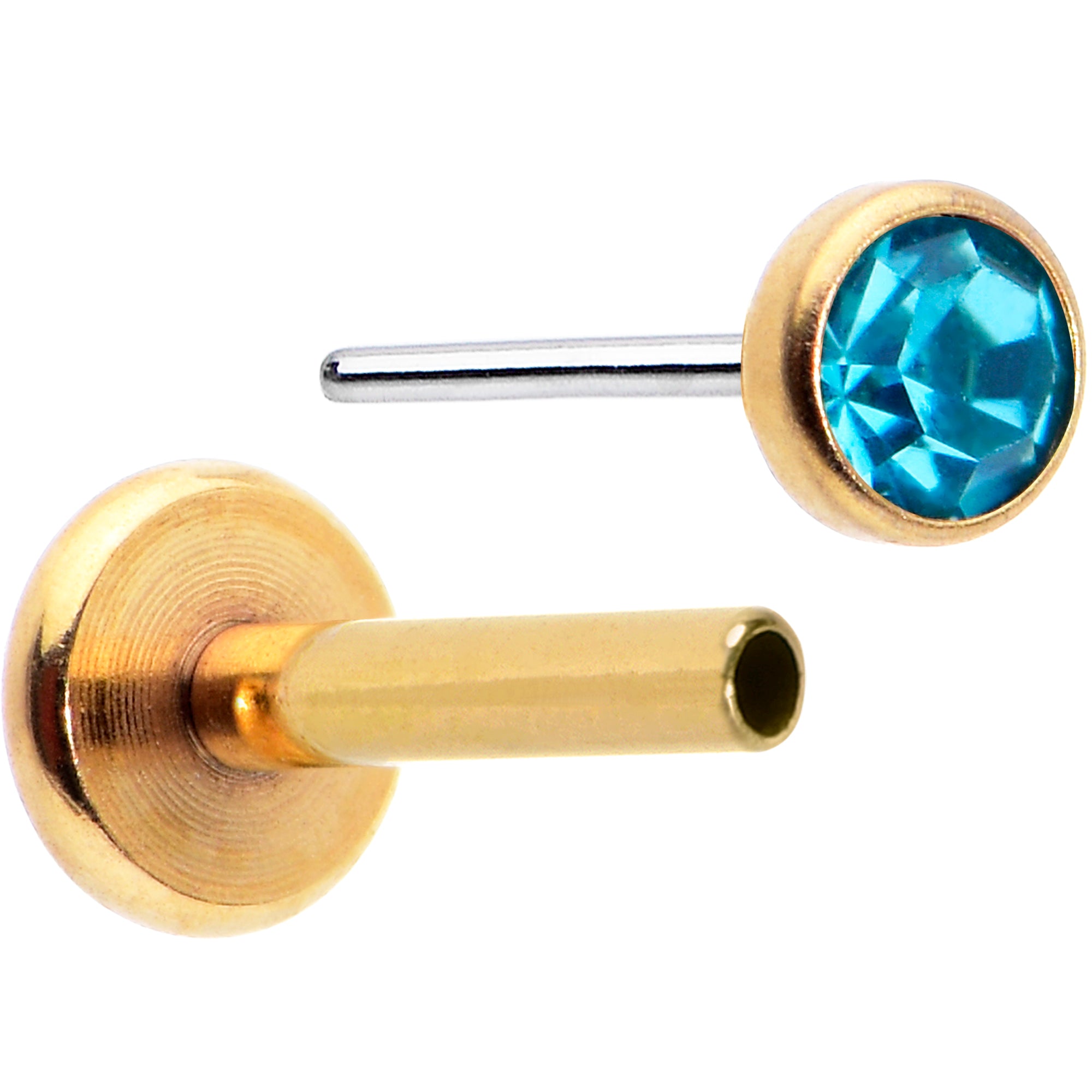 16G 5/16 Blue Gem Gold Tone Threadless Labret Monroe Tragus