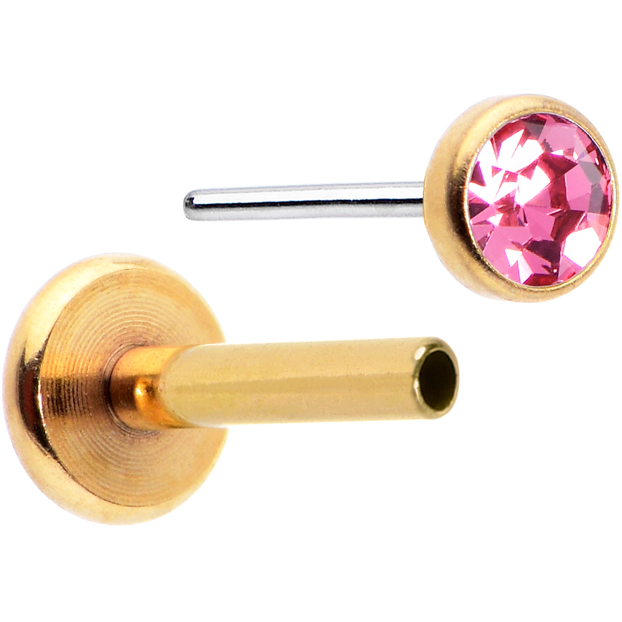 16G 5/16 Pink Gem Gold Tone Threadless Labret Monroe Tragus