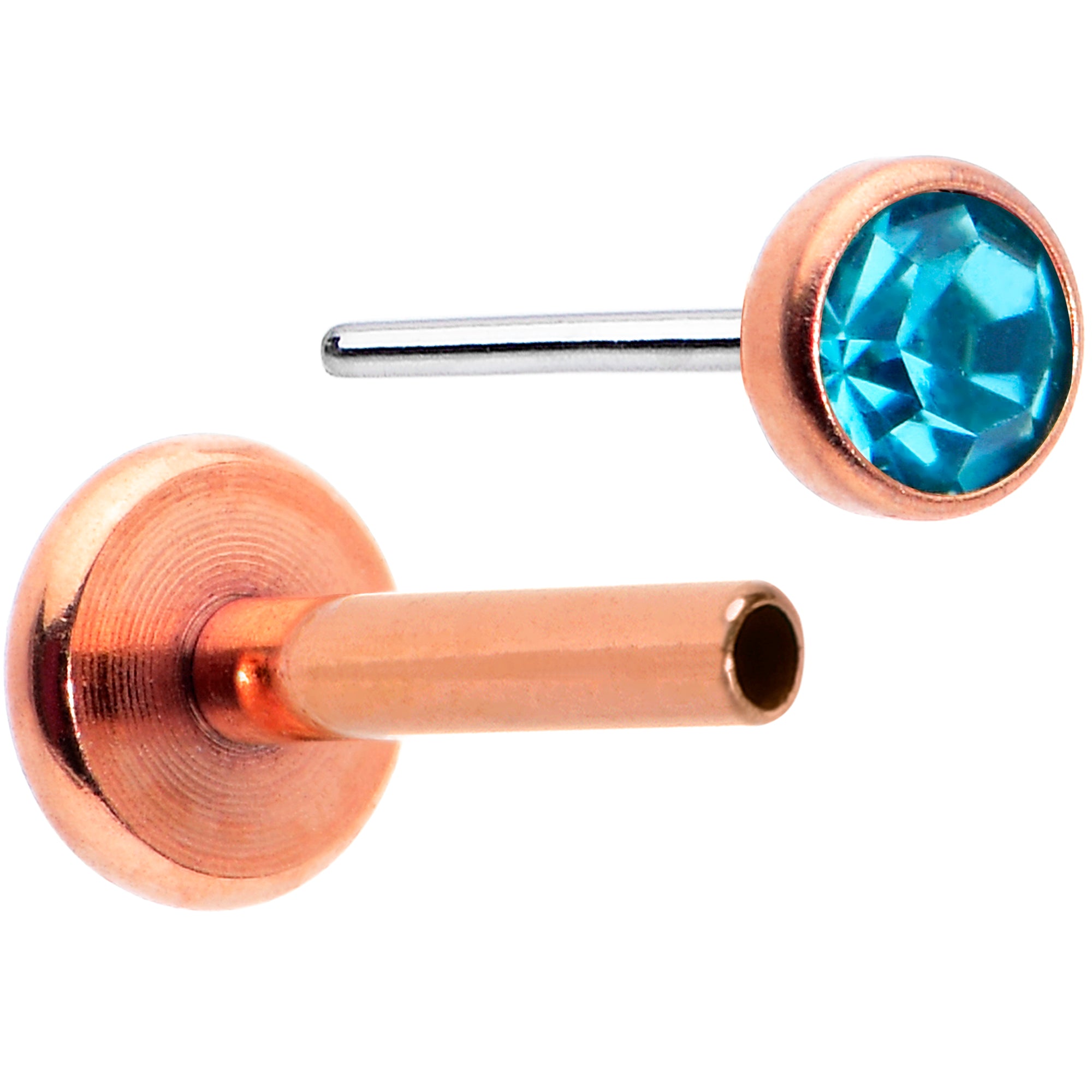 16G 5/16 Blue Gem Rose Gold Tone Threadless Labret Monroe Tragus