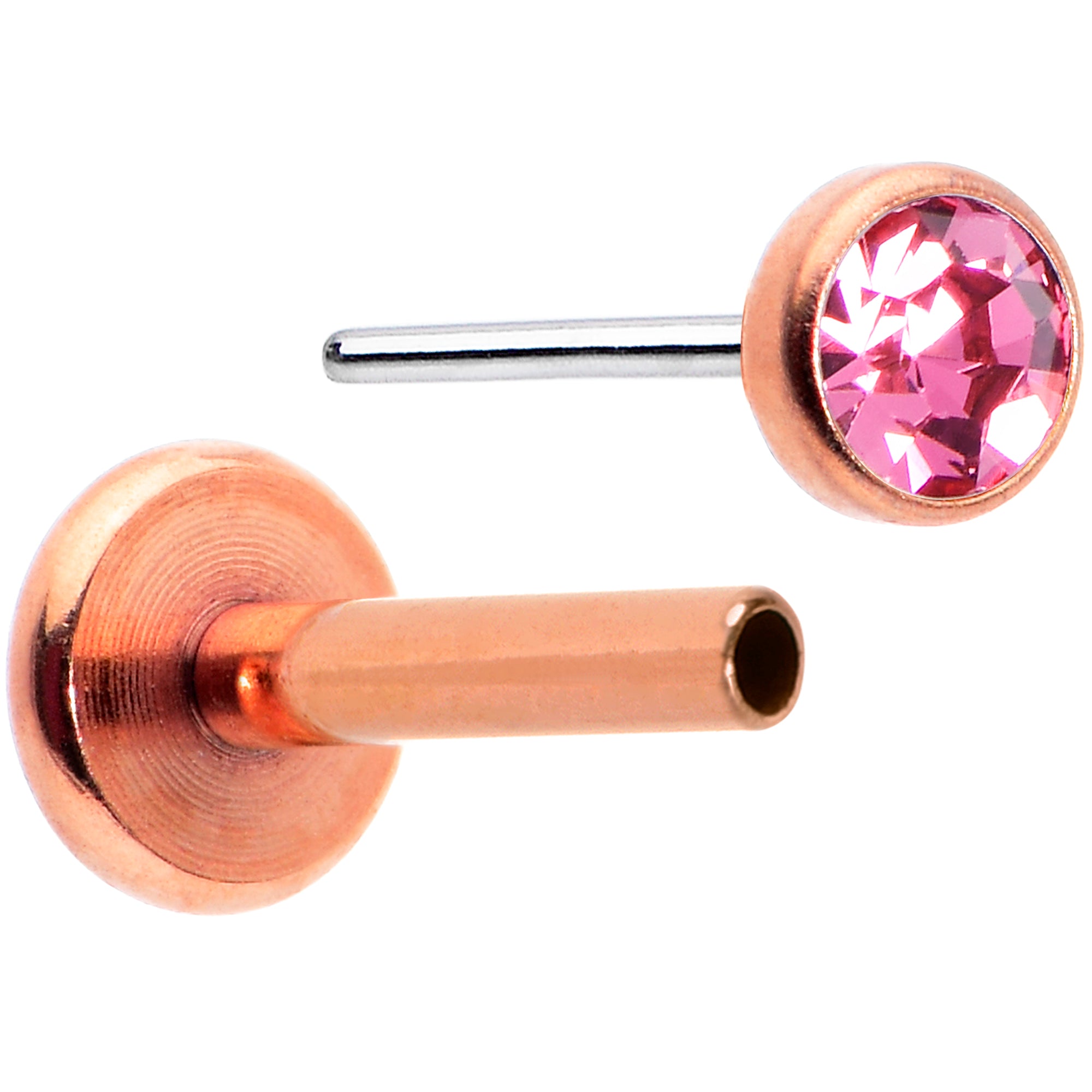 16G 5/16 Pink Gem Rose Gold Tone Threadless Labret Monroe Tragus