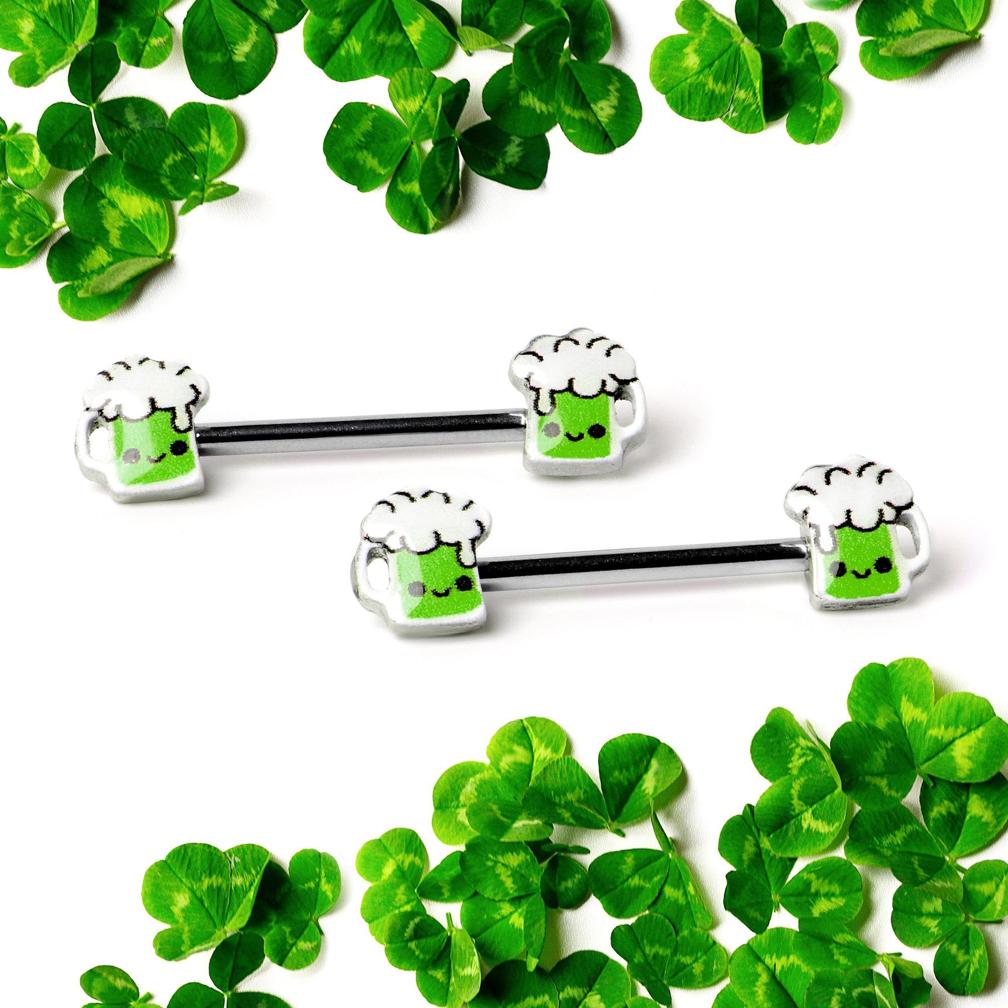 14G 9/16 Sweet Happy Green Beer St Patricks Day Nipple Ring Set