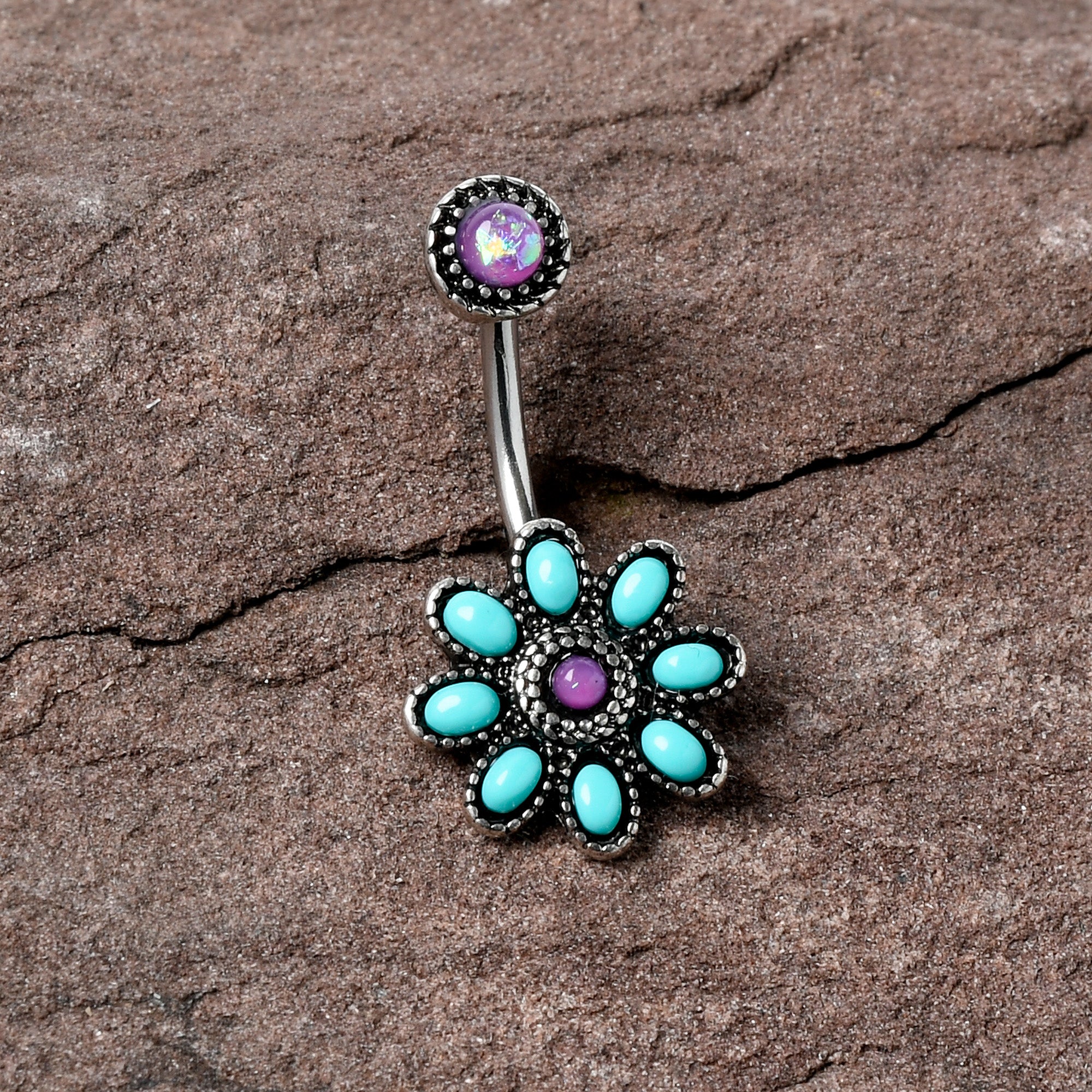 Blue Faux Opal Flower Teal Petals Double Mount Belly Ring