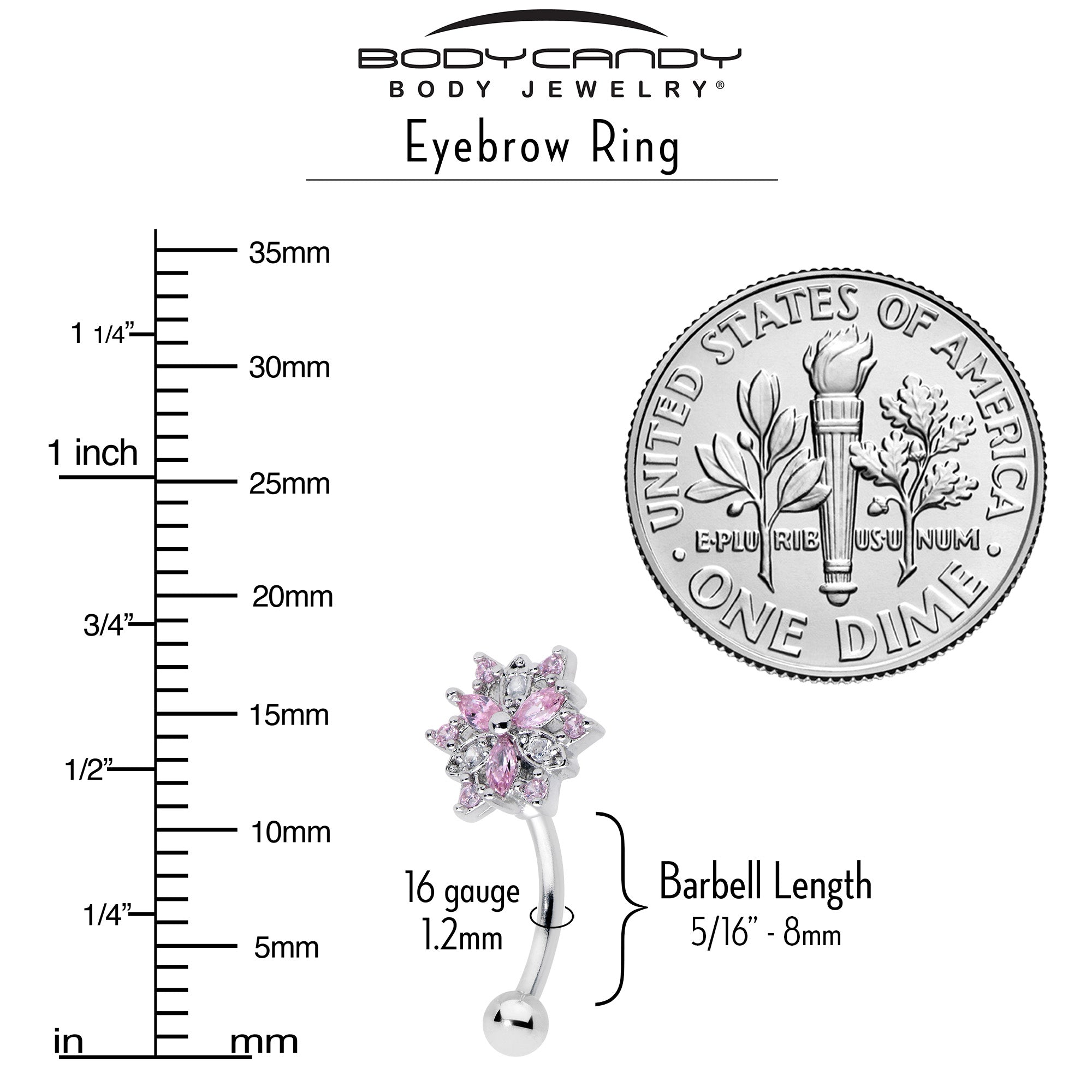 16G 5/16 Pink Clear CZ Gem Snowflake Style Curved Eyebrow Ring