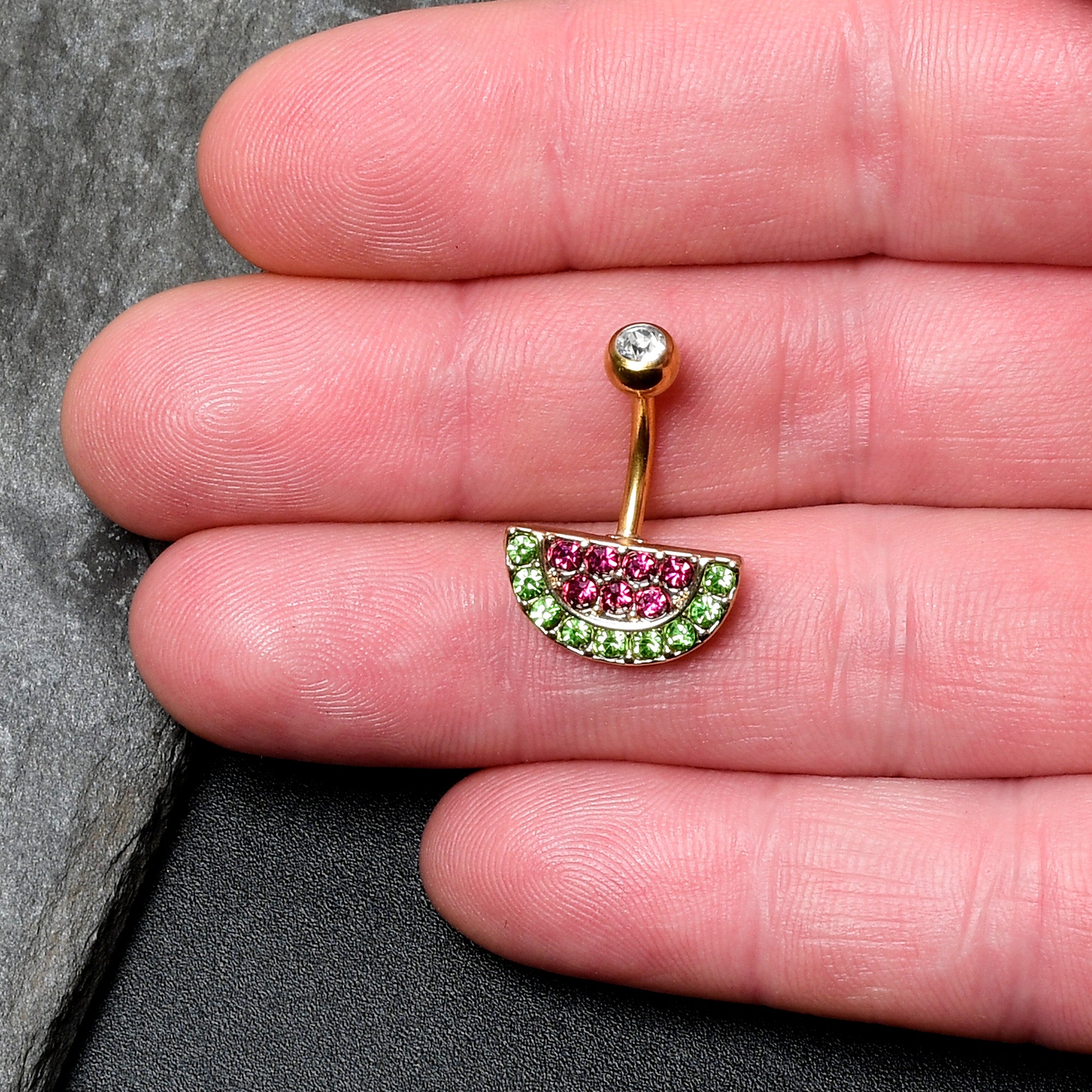 Pink Green Gem Gold Tone Watermelon Yum Belly Ring
