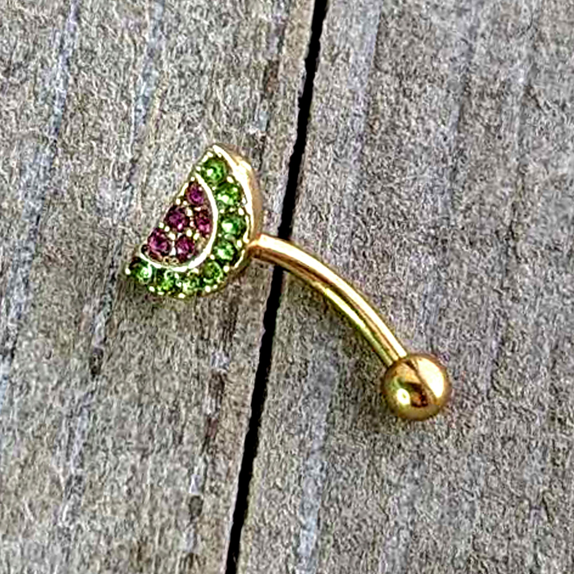 16G 5/16 Pink Gem Gold Tone Watermelon Yum Curved Eyebrow Ring