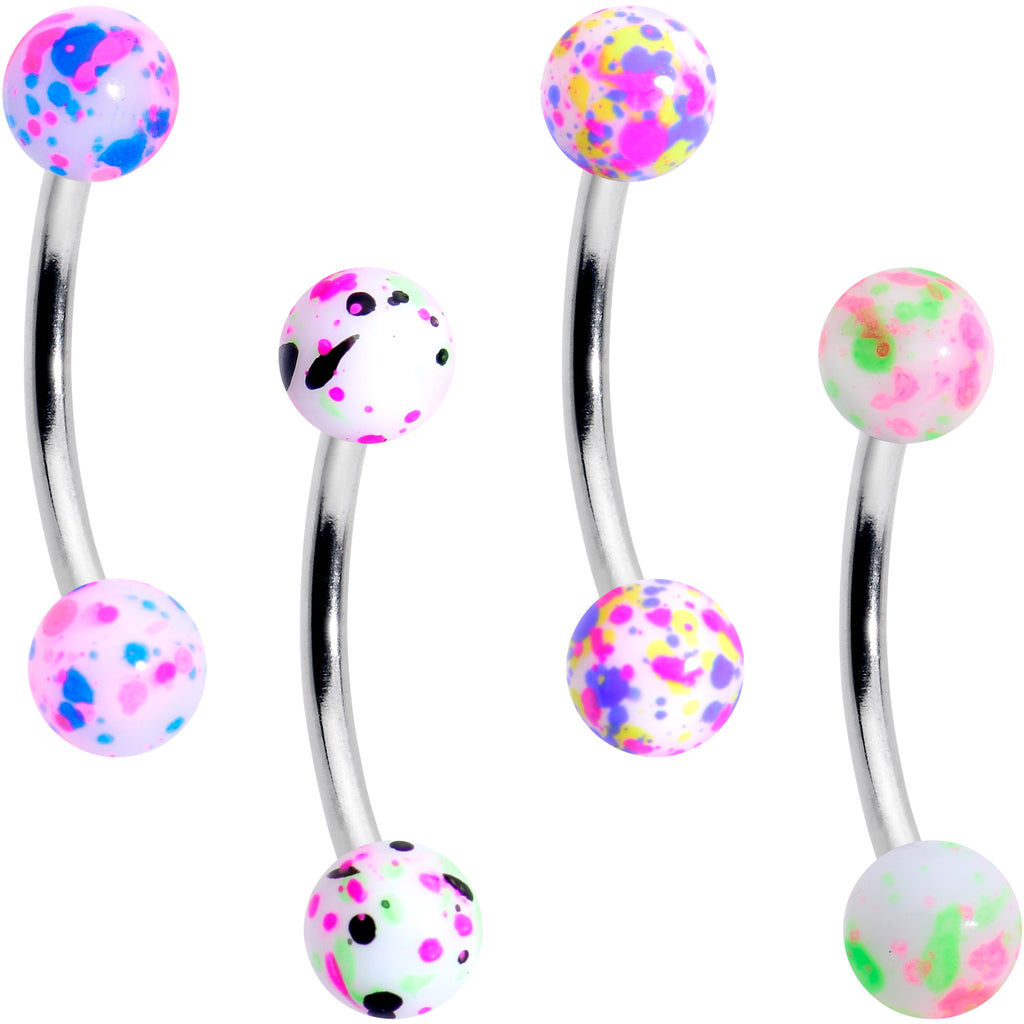 16G 3/8 Splatter Pink Green Blue Curved Eyebrow Ring Set of 4