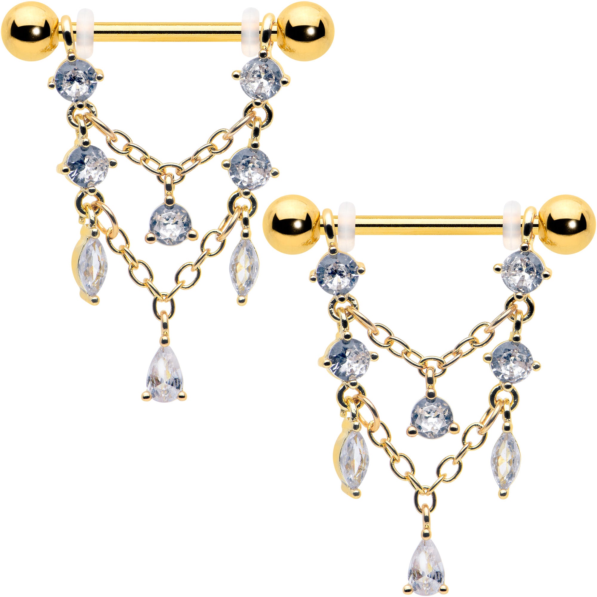 14 Gauge  9/16 Clear Gem Gold Tone Double Chain Dangle Nipple Ring Set