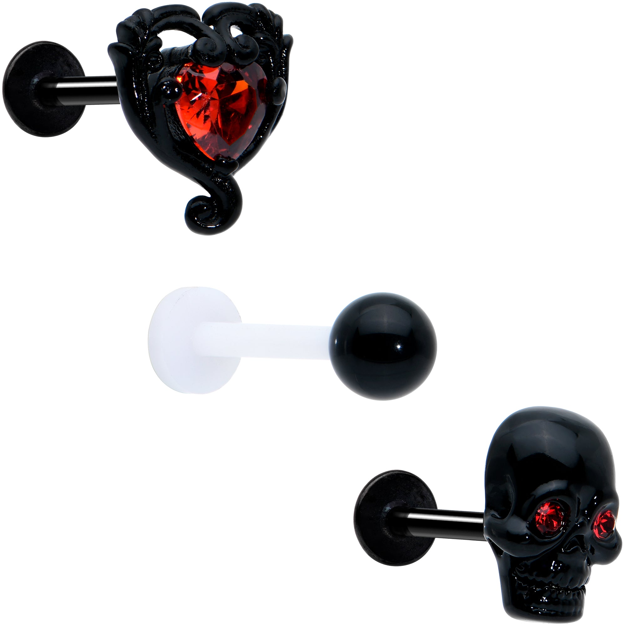 16G 5/16 Red CZ Gem Black Skull Passion Heart Labret Tragus Curation Set of 3