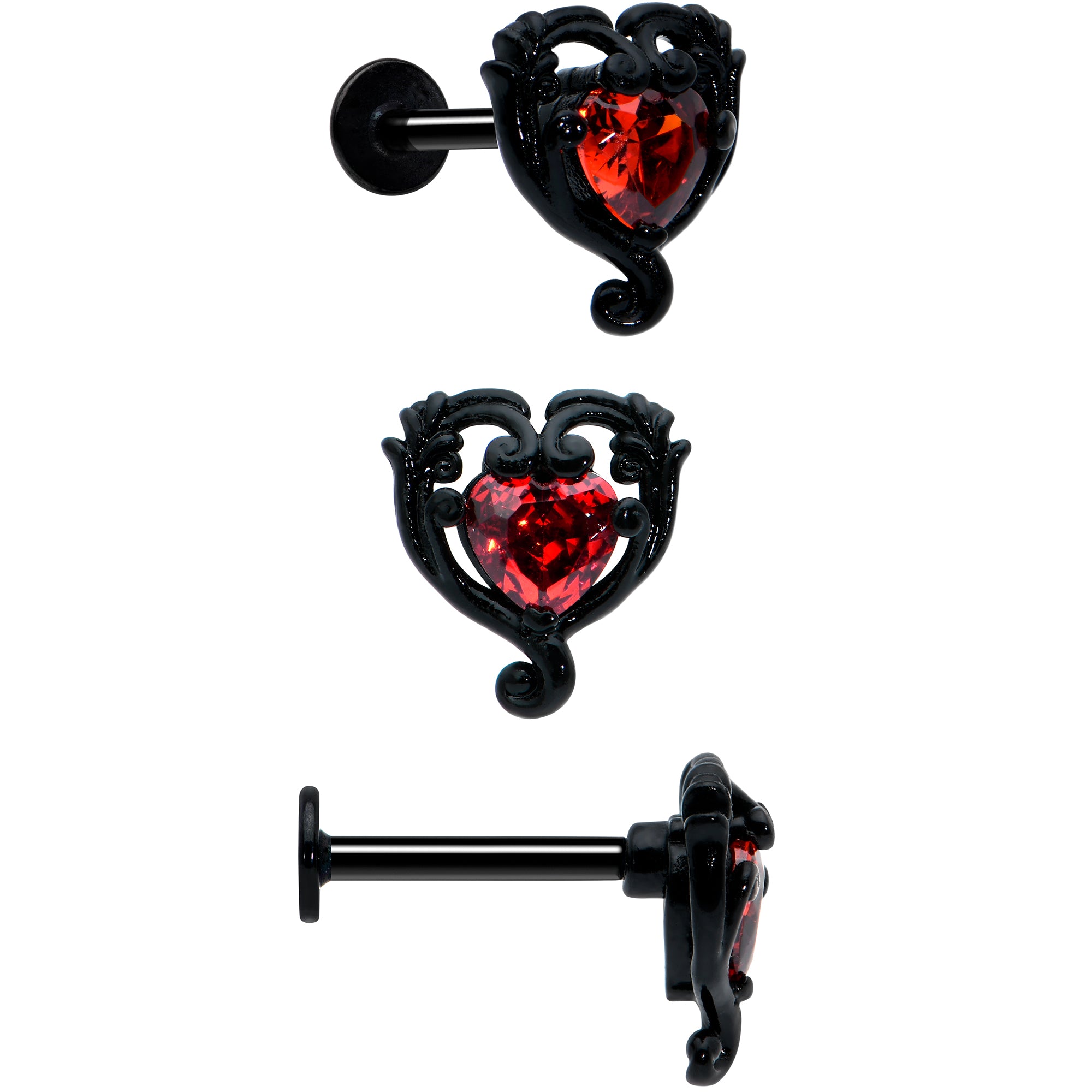 16G 5/16 Red CZ Gem Black Skull Passion Heart Labret Tragus Curation Set of 3