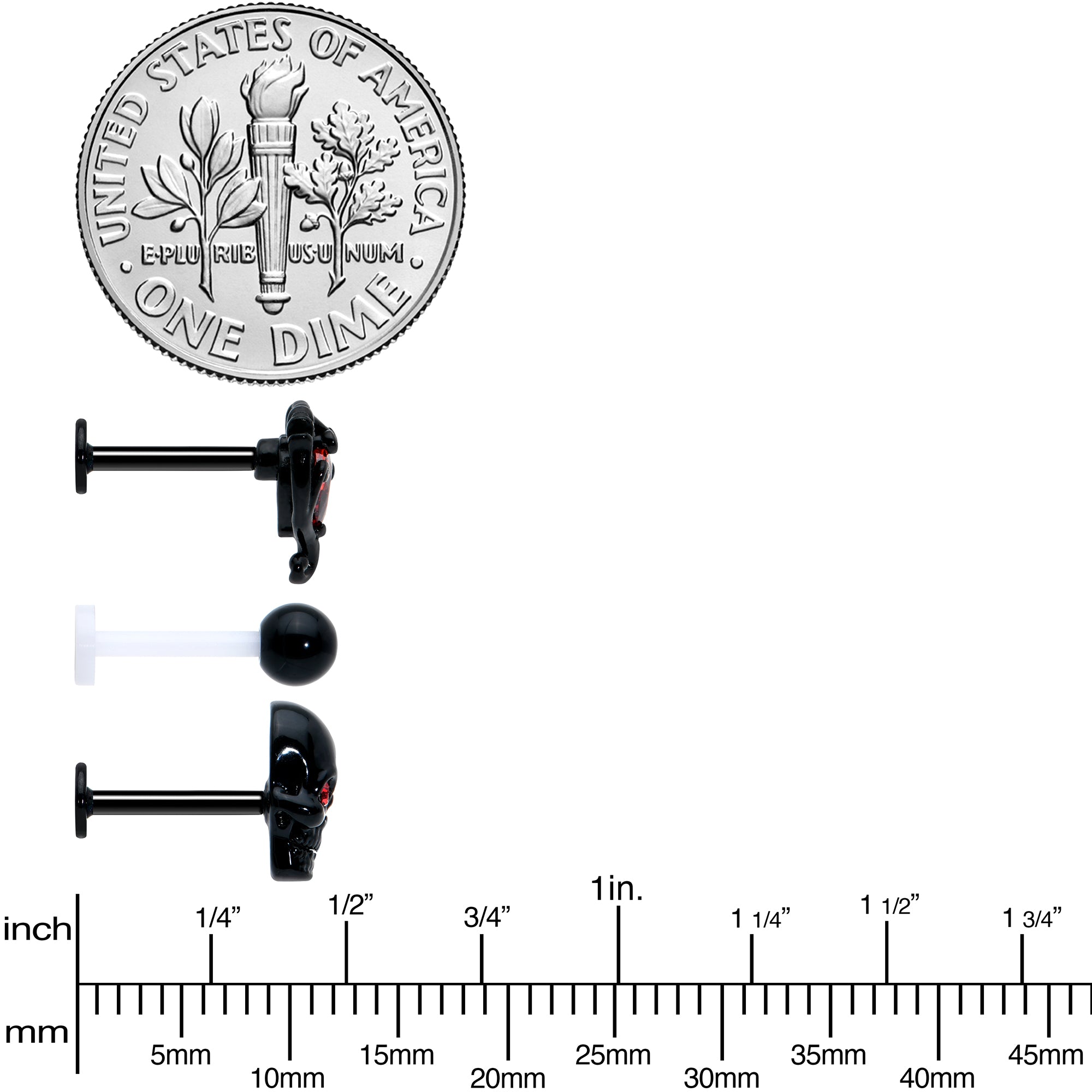 16G 5/16 Red CZ Gem Black Skull Passion Heart Labret Tragus Curation Set of 3