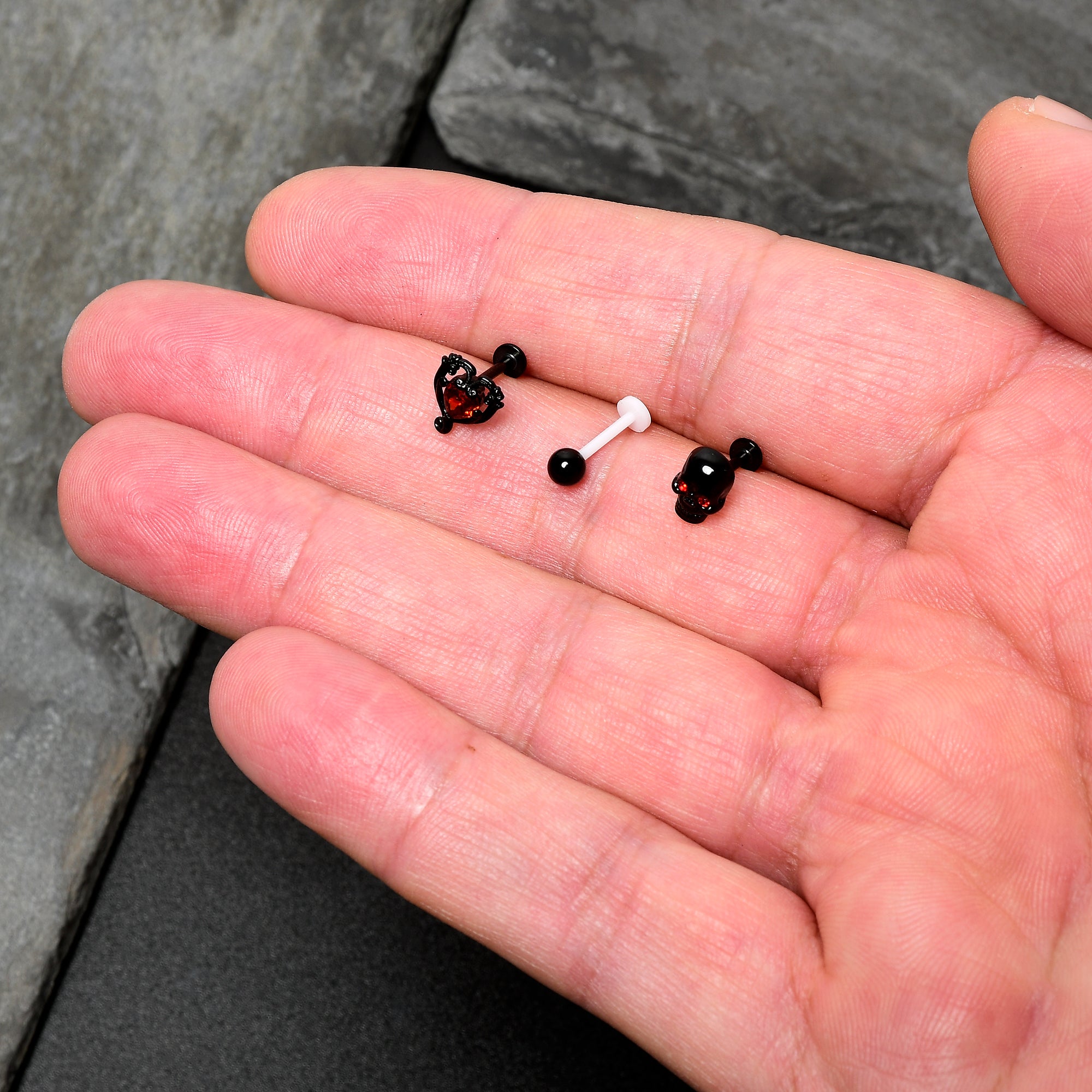 16G 5/16 Red CZ Gem Black Skull Passion Heart Labret Tragus Curation Set of 3