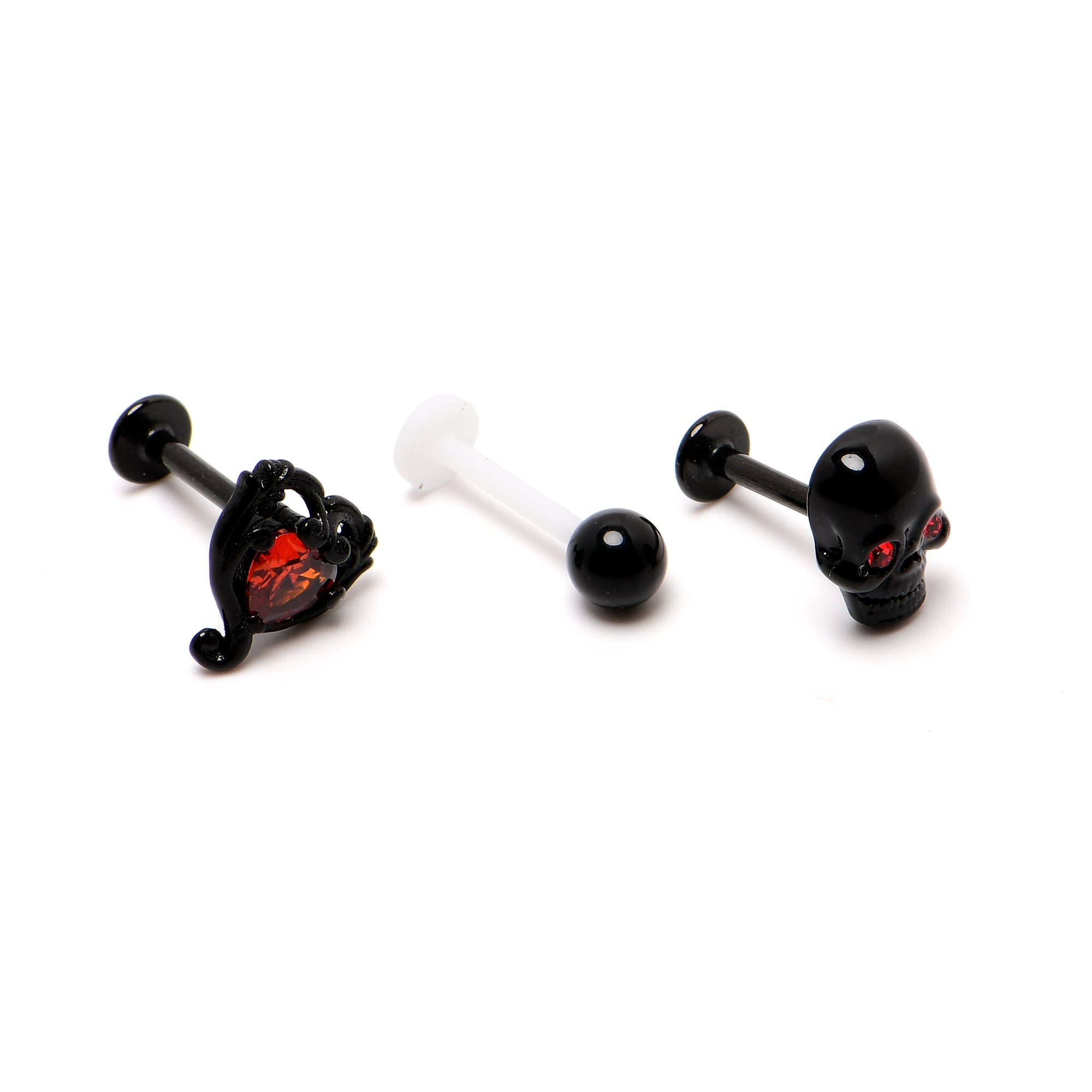 16G 5/16 Red CZ Gem Black Skull Passion Heart Labret Tragus Curation Set of 3