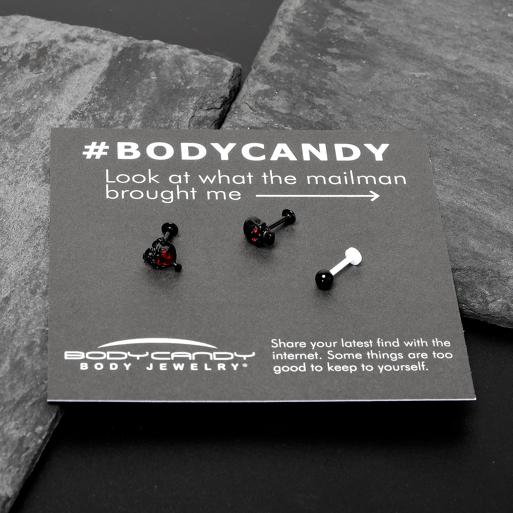 16G 5/16 Red CZ Gem Black Skull Passion Heart Labret Tragus Curation Set of 3