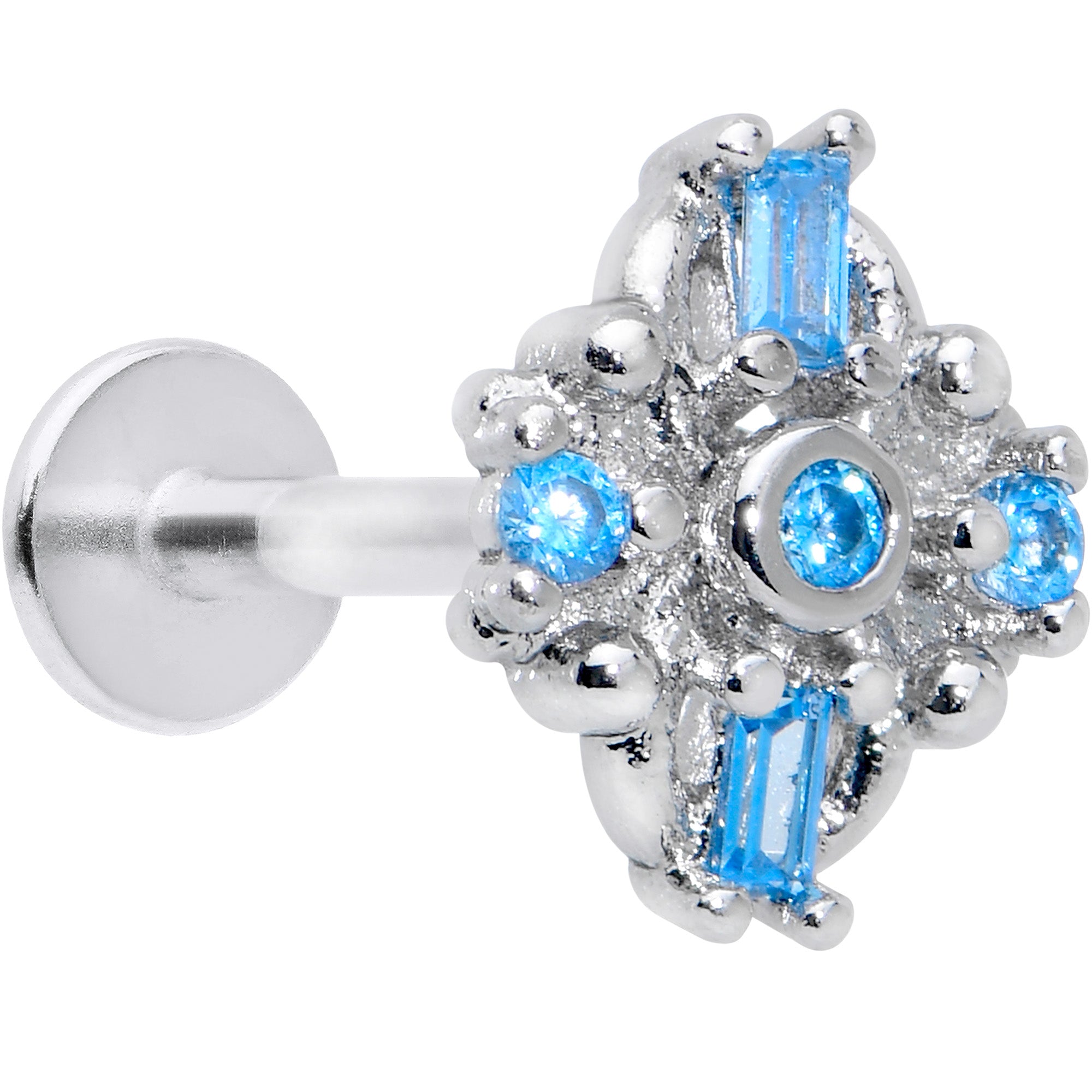 16G 5/16 Blue CZ Gem Opulent Cross Labret Monroe Tragus