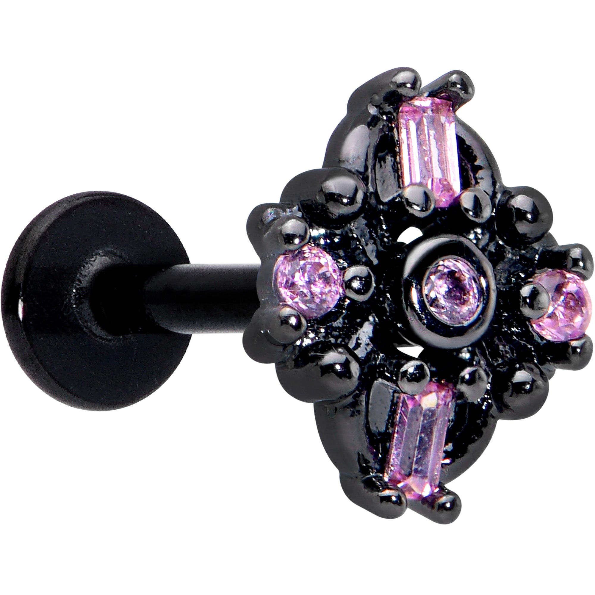 16G 5/16 Pink Gem Black Opulent Cross Labret Monroe Tragus