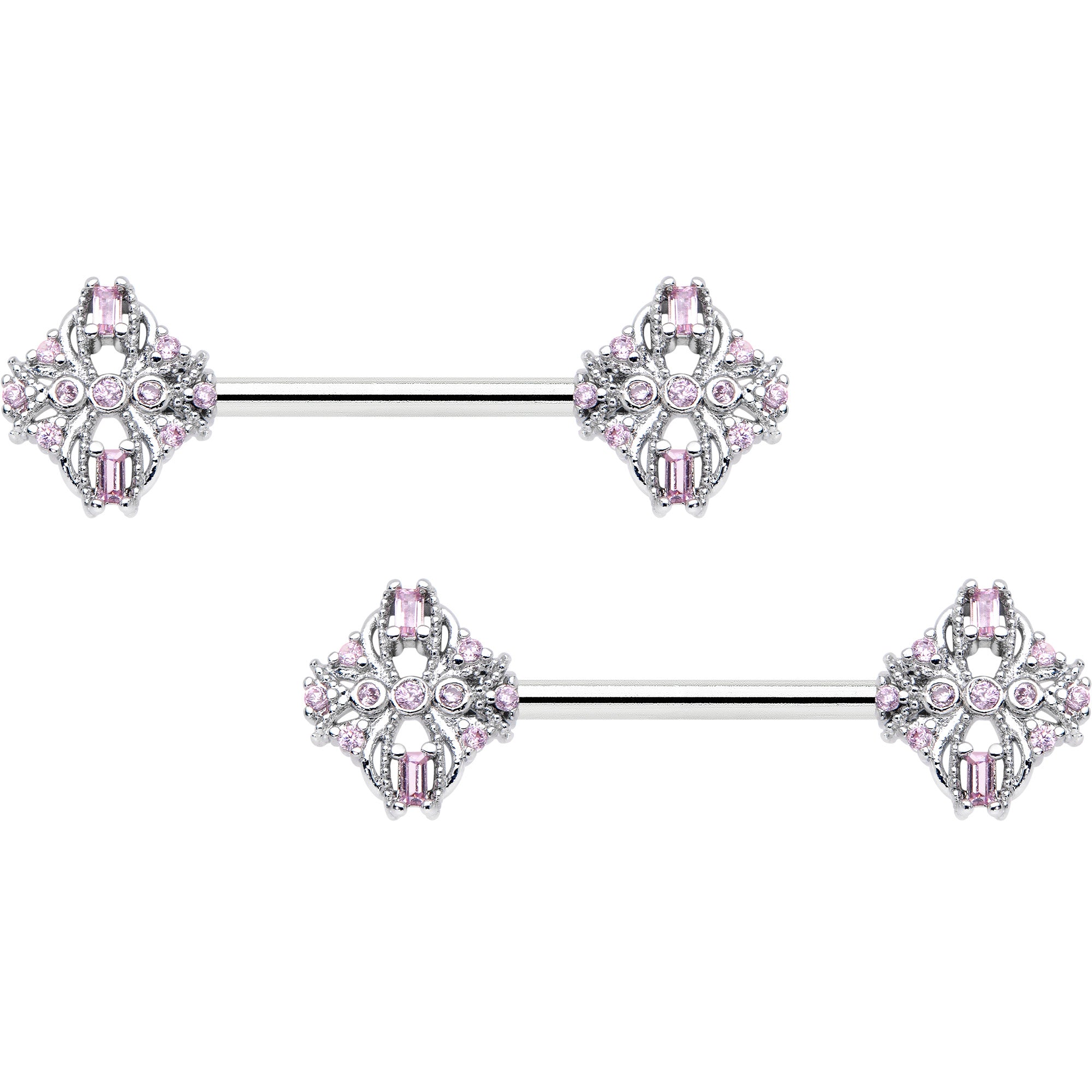 14G 9/16 Pink Gem Opulent Cross Barbell Nipple Ring Set