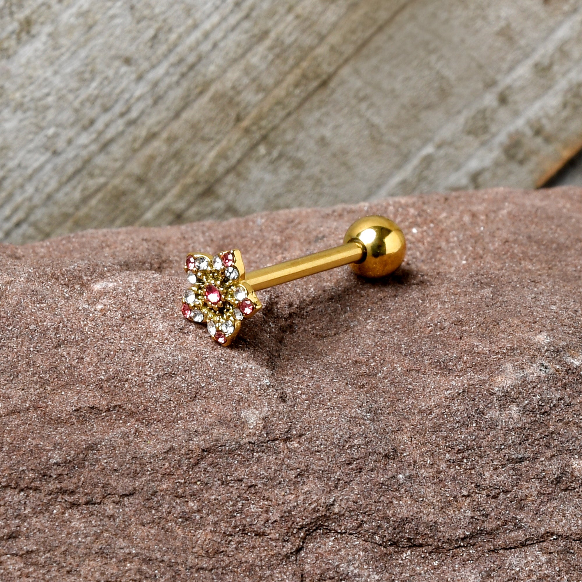 Pink Clear Gem Gold Tone Texture Star Barbell Tongue Ring