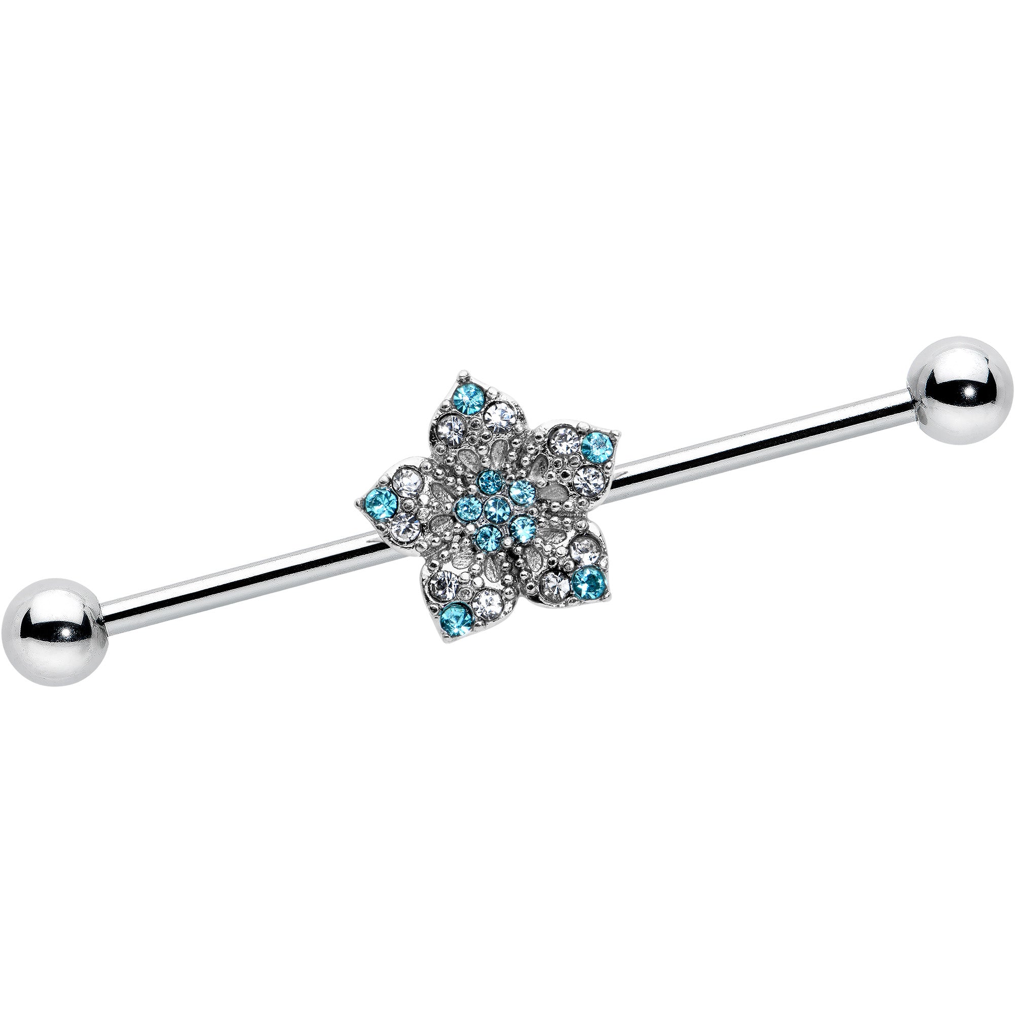 14G Blue Clear Gem Opulent Flower Industrial Barbell 38mm
