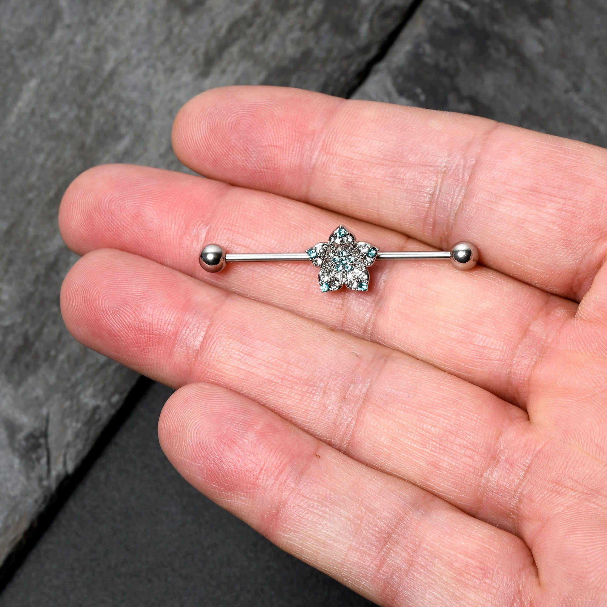14G Blue Clear Gem Opulent Flower Industrial Barbell 38mm