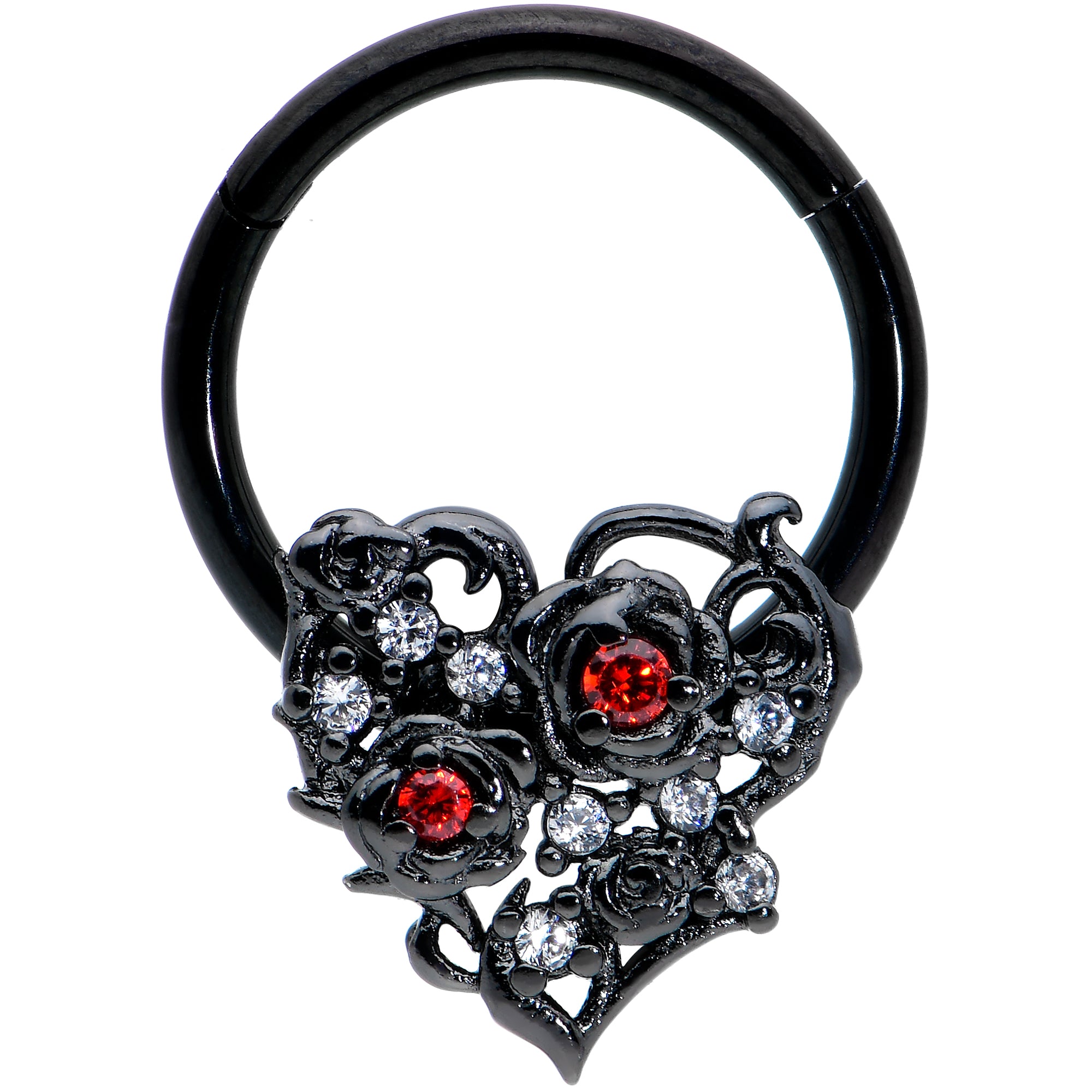 16G 3/8 Clear Red CZ Gem Black Heart Floral Hinged Segment Ring