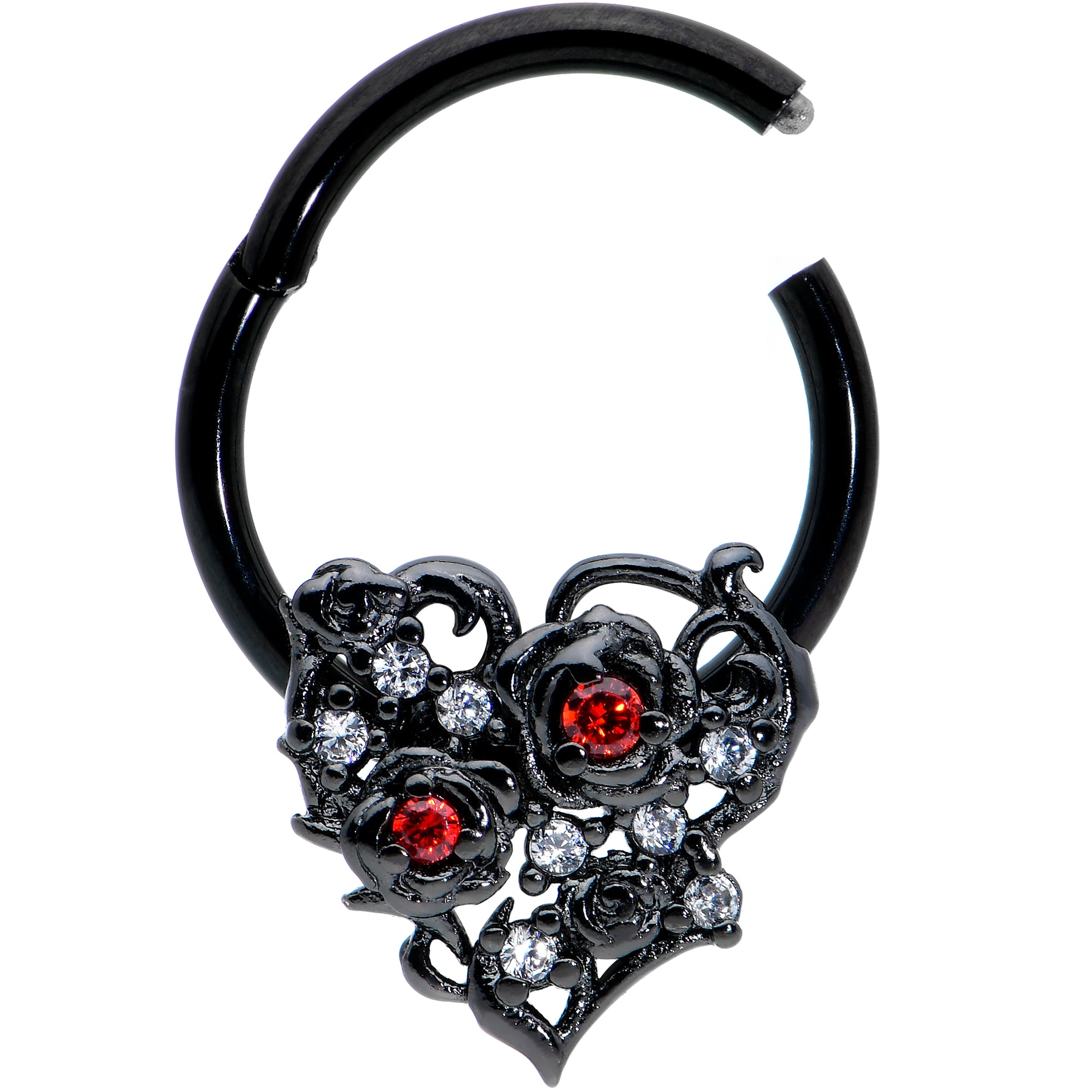 16G 3/8 Clear Red CZ Gem Black Heart Floral Hinged Segment Ring