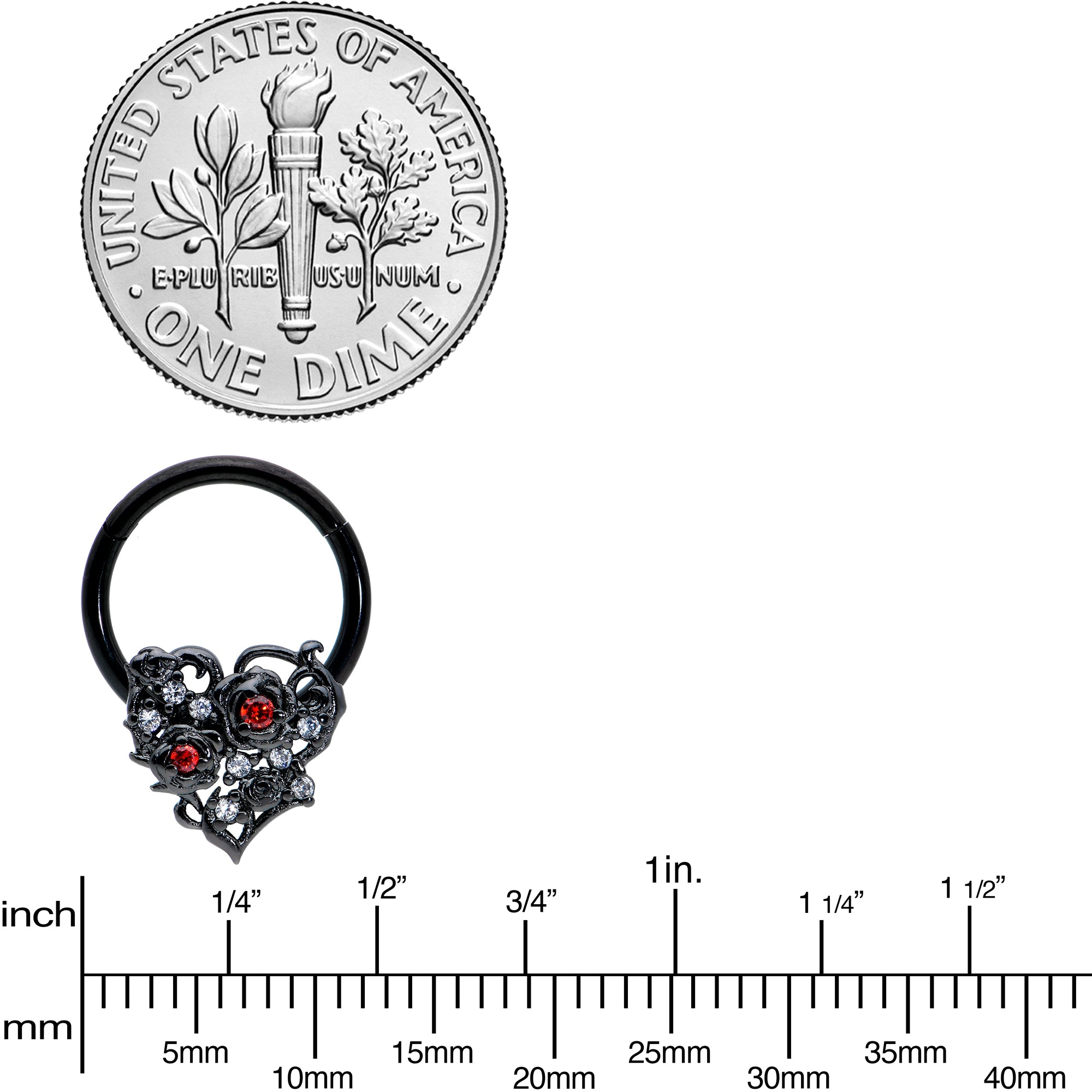 16G 3/8 Clear Red CZ Gem Black Heart Floral Hinged Segment Ring