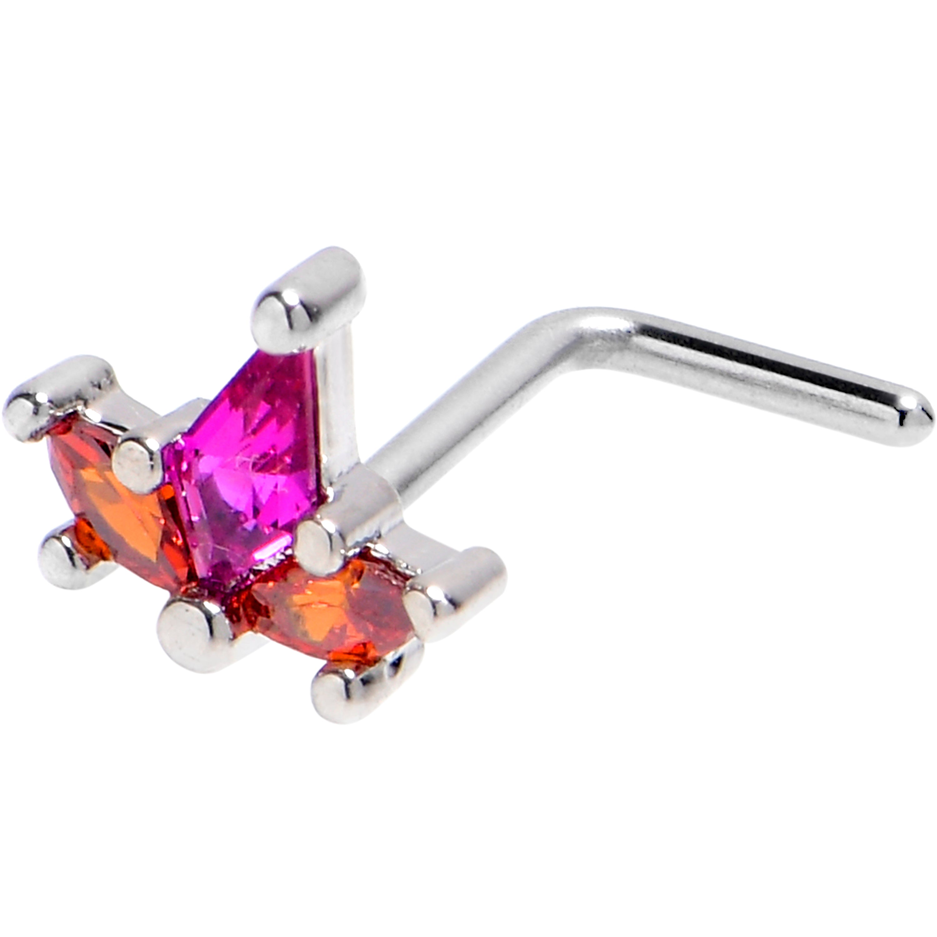20G 7mm Pink Orange Gem Abstract Fire L Shape Nose Ring