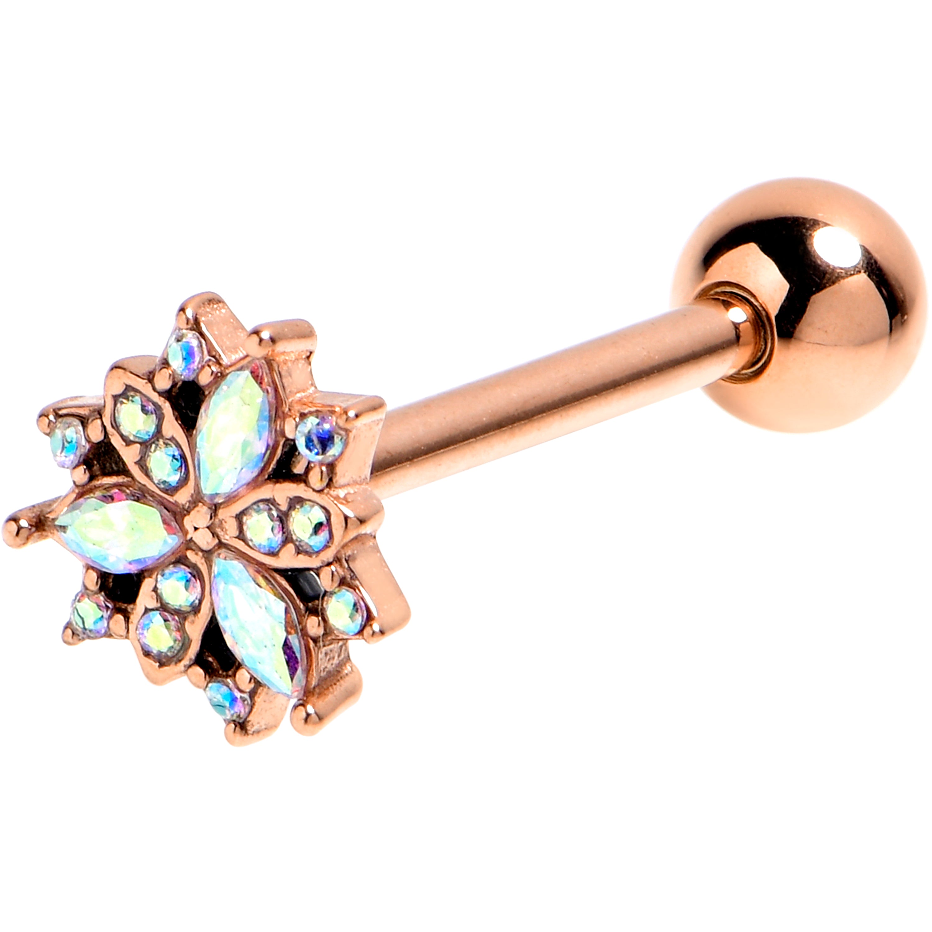 Aurora Gem Rose Gold Tone Snowflake Style Barbell Tongue Ring