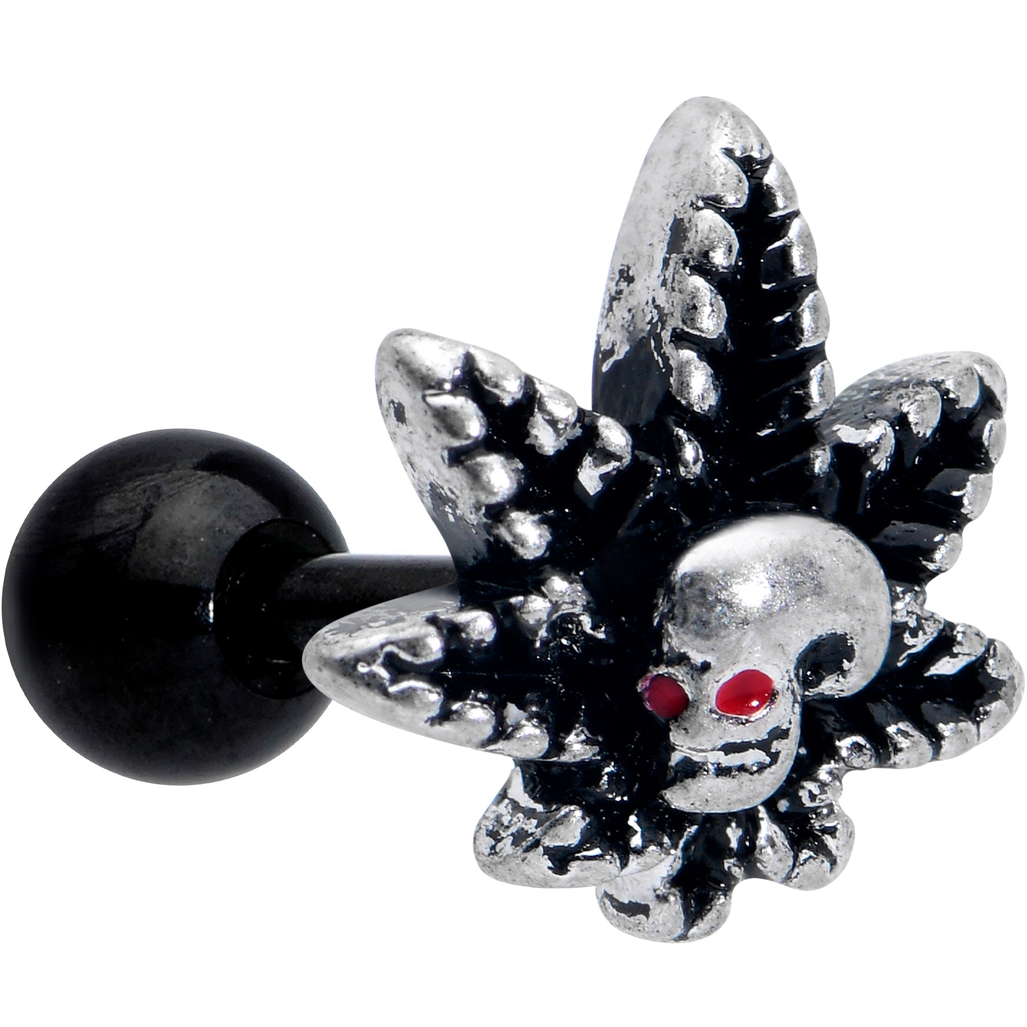 16G 1/4 Red Gem Black Pot Leaf Skull Cartilage Tragus Earring