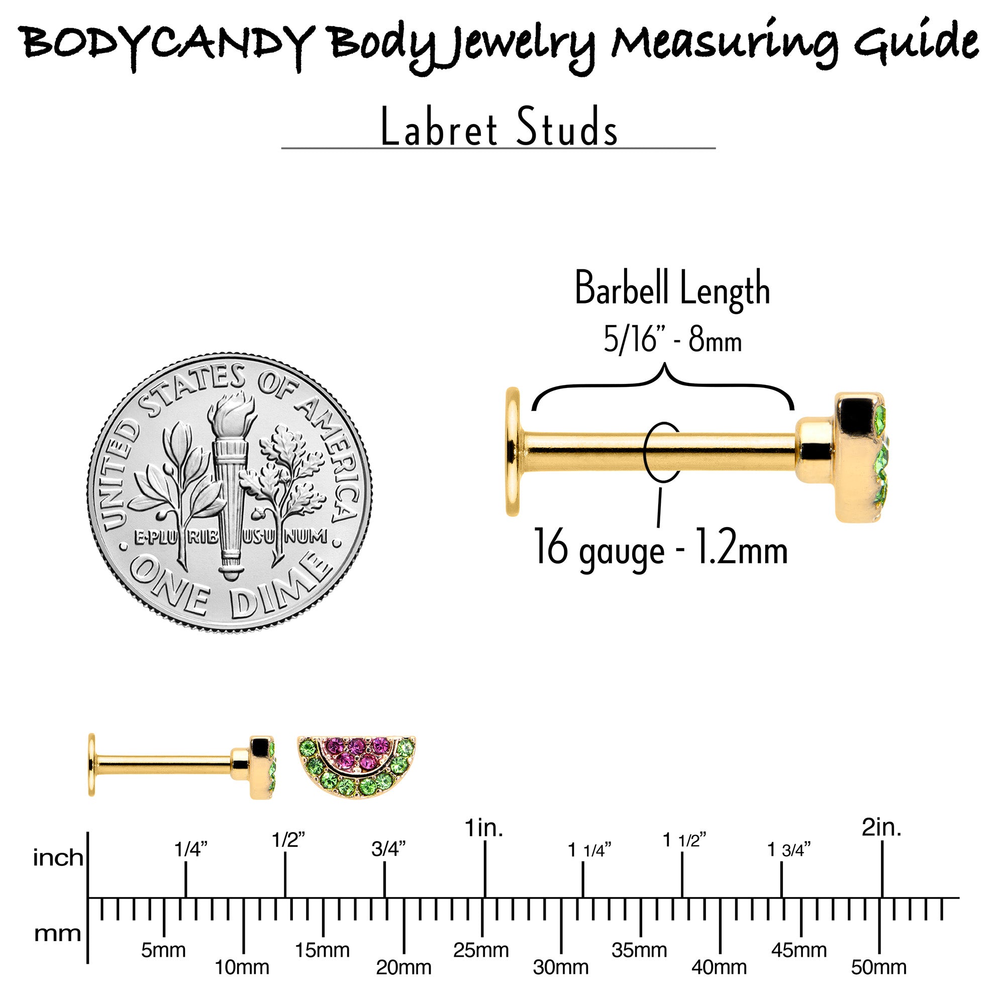 16G 5/16 Pink Green Gem Gold Tone Watermelon Labret Monroe Tragus