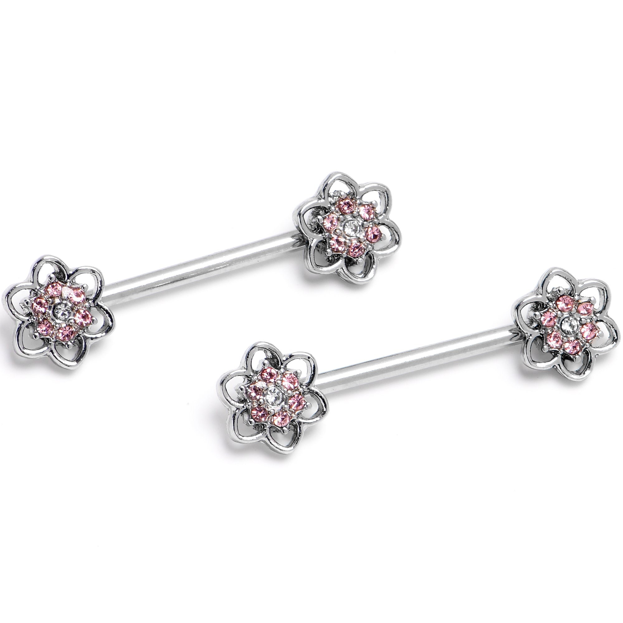 14G 9/16 Pink Gem Radiant Blossom Flower Barbell Nipple Ring Set