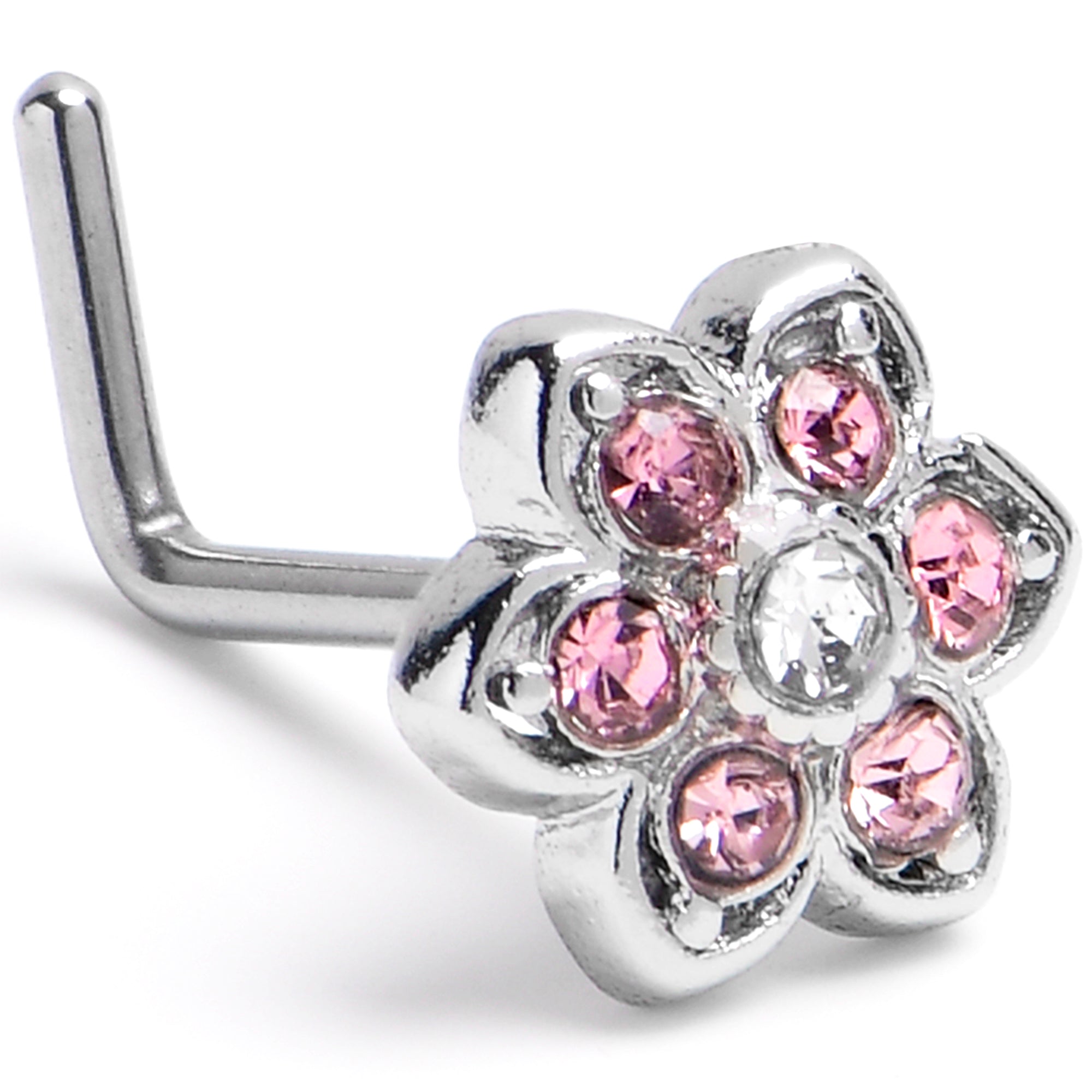 20G 7mm Pink Radiant Blossom Flower L Shape Nose Ring