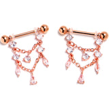 14 Gauge 9/16 Clear Gem Rosy Tone Double Chain Dangle Nipple Ring Set