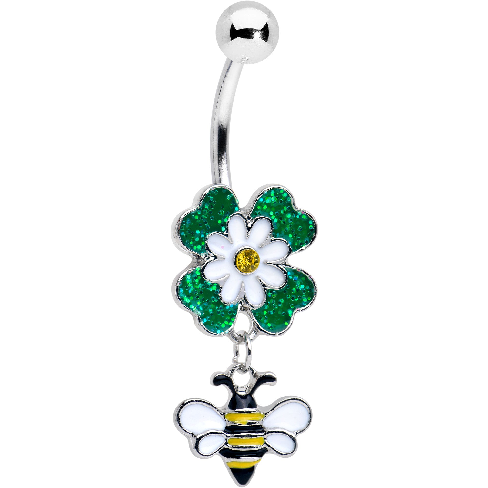 Yellow Gem Daisy Bee Glittery Dangle Belly Ring