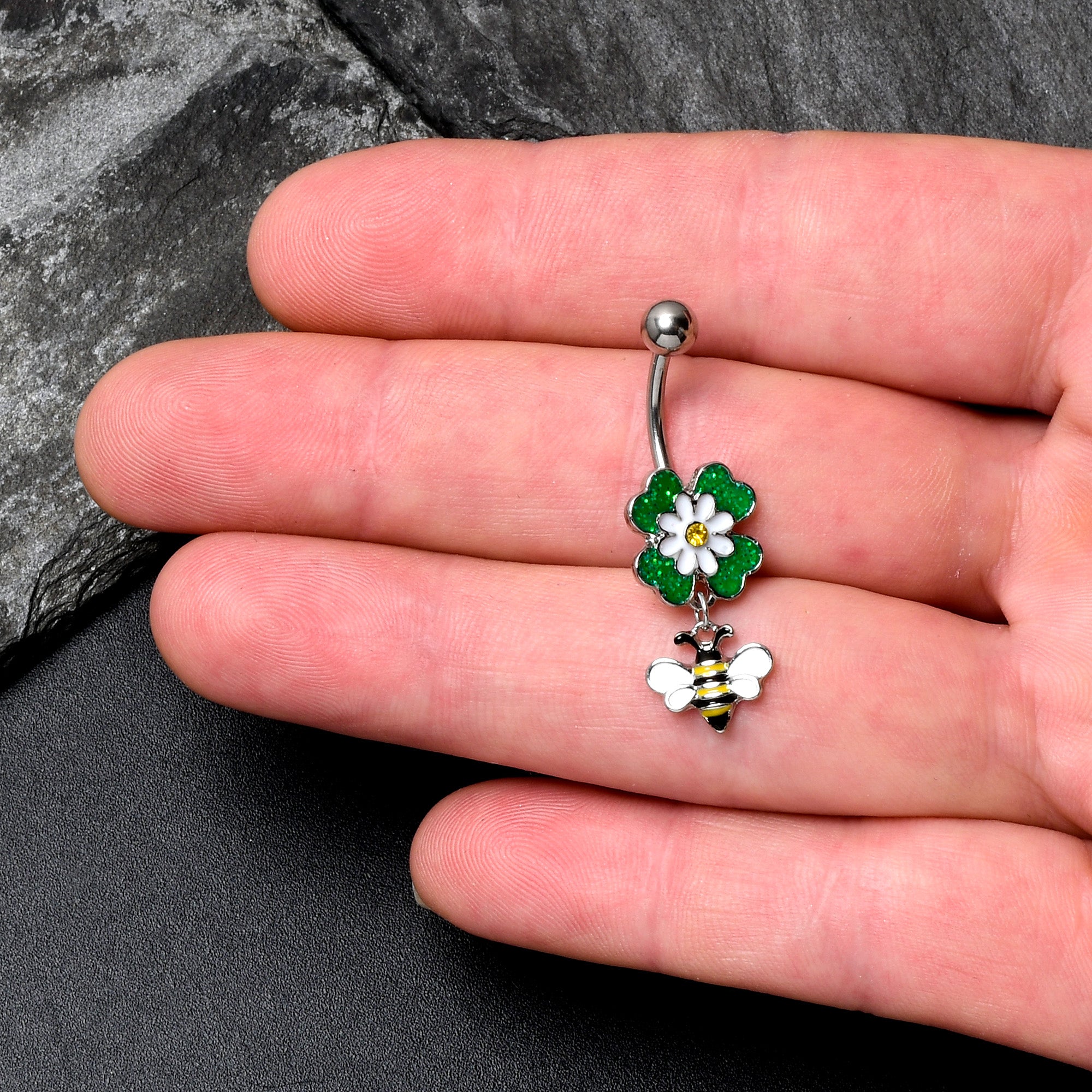 Yellow Gem Daisy Bee Glittery Dangle Belly Ring