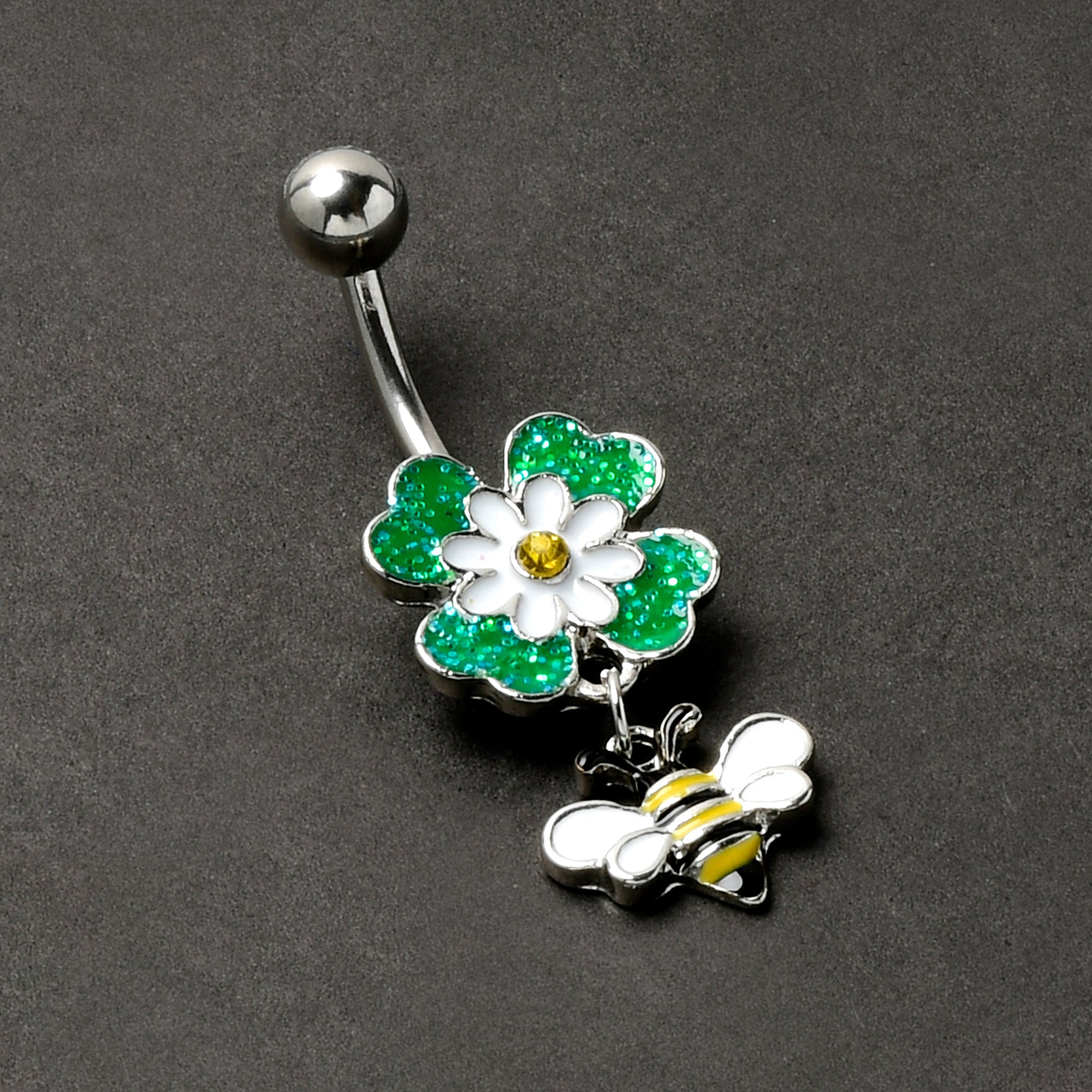Yellow Gem Daisy Bee Glittery Dangle Belly Ring