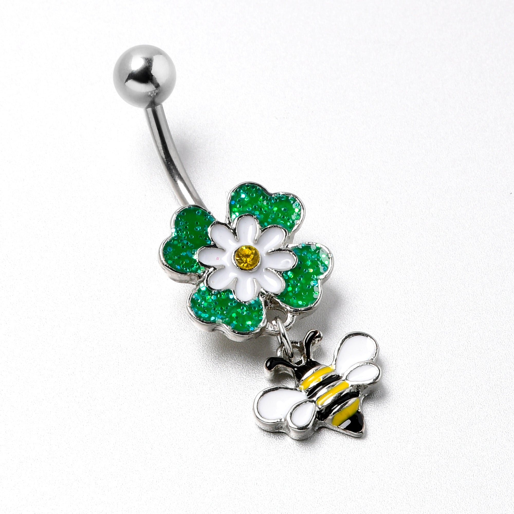 Yellow Gem Daisy Bee Glittery Dangle Belly Ring