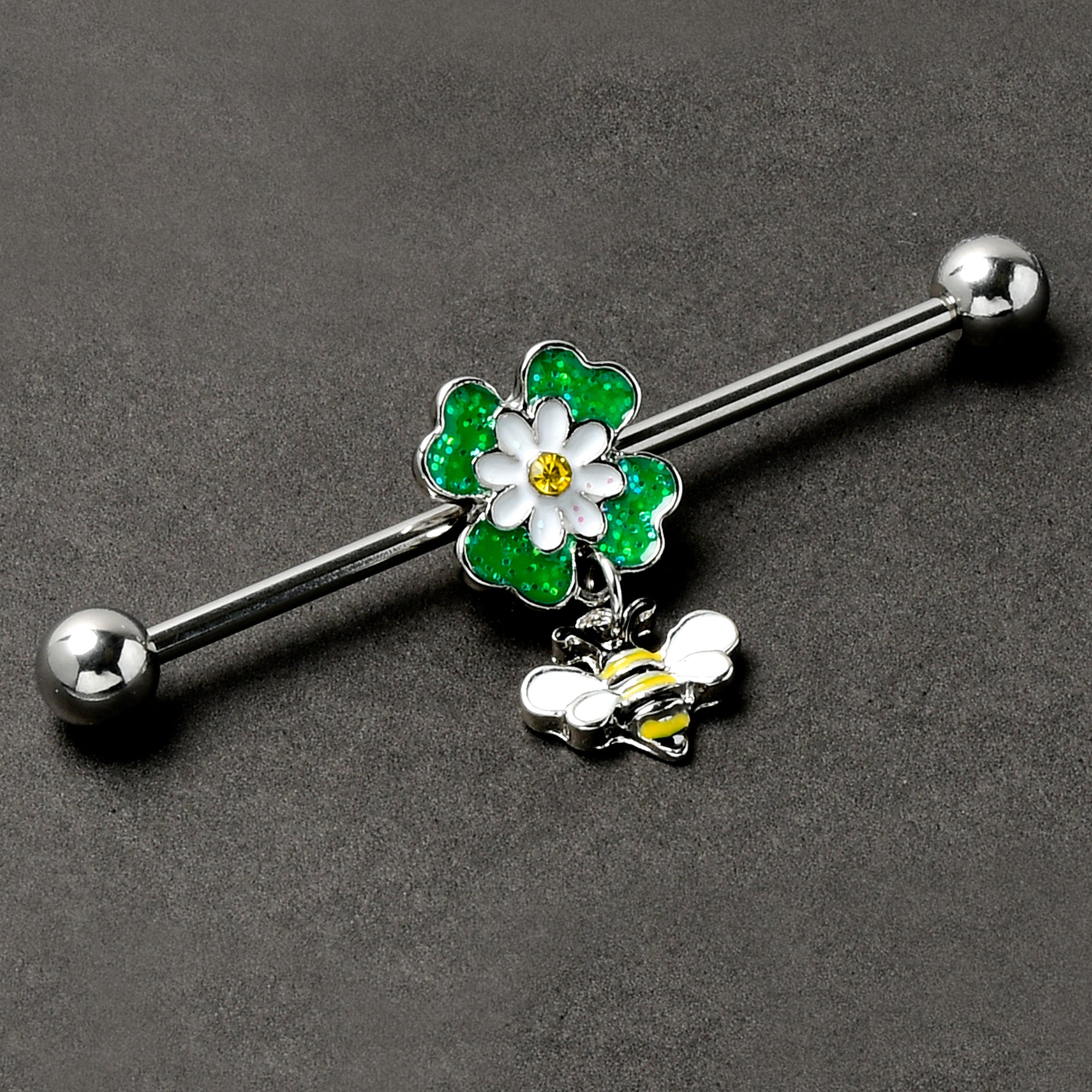 14G Yellow Gem Daisy Bee Glittery Dangle Industrial Barbell 38mm